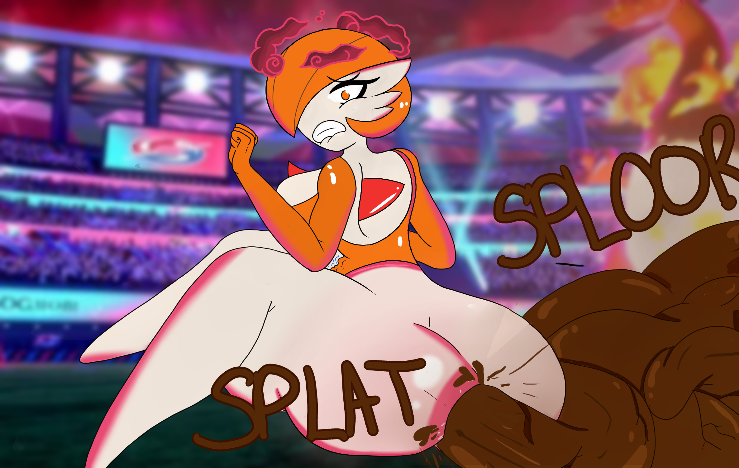 2d, 2d (artwork), 2d artwork, 2girls, alternate version available, anthro, anus, arena, ass, ass crack, ass focus, asshole, big ass, big butt, biting lip, blush, body growth, body growth (enlargement), bottom heavy, bubble ass, bubble butt, butt crack, butt focus, chubby, chubby female, color, dynamax, dynamax pokemon, embarrassed, english text, facesitting, fat ass, female, female pooping, furry, furry female, game freak, gardevoir, generation 3 pokemon, giant female, giantess, gigantic ass, gigantification, growth, humanoid, humanoid female, humiliation, hyper feces, hyper scat, hyperscat, larger female, macro, macro anthro, macro female, messy, nintendo, orange eyes, orange hair, pokemon, pokemon (species), pooping, pooping on another, pooping on floor, scat, sequence, shitting, sitting, sitting on person, slimyleviathan, smaller female, smothering, surprised, thick thighs, thighs, topaz (caveman147), video games, wide hips