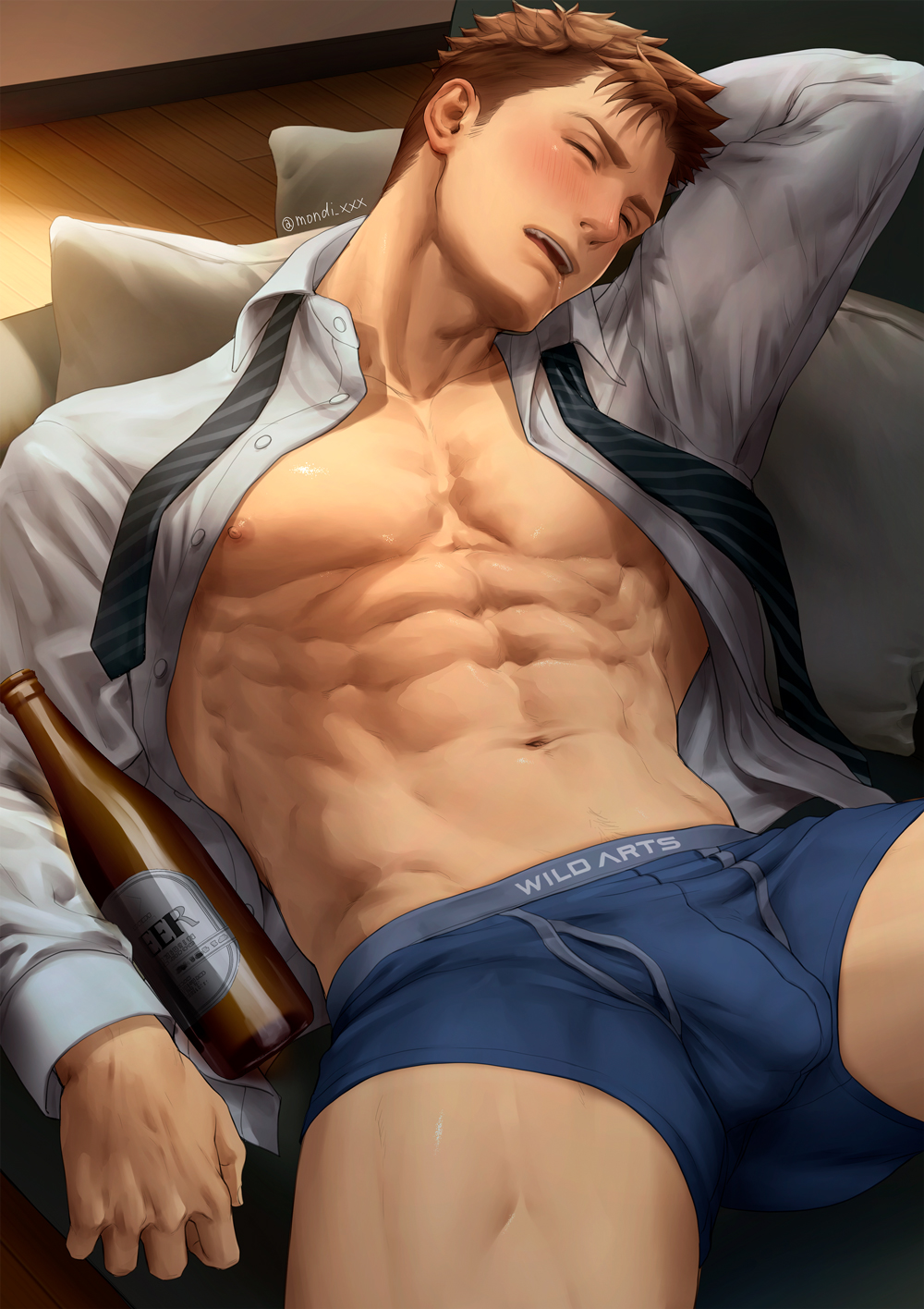 1boy, abs, arms up, balls, balls under clothes, beefy, beer bottle, big areola, blush, boxers, brown hair, bulge, bulge through clothing, closed eyes, drooling, drunk, erect nipples, flaccid, gay, genital outline, hands behind head, hi res, hiro (mondi xxx), indoors, lying, lying on back, lying on couch, male, male only, mature male, mondi xxx, muscles, muscular, muscular legs, muscular male, muscular thighs, navel, necktie, nipples, off screen character, office clothing, original, original character, pantsless, pecs, quadriceps, salaryman, saliva, saliva trail, shaved side, short hair, six pack, sleep molestation, sleeping, spread legs, unbuttoned, white shirt, yaoi, young