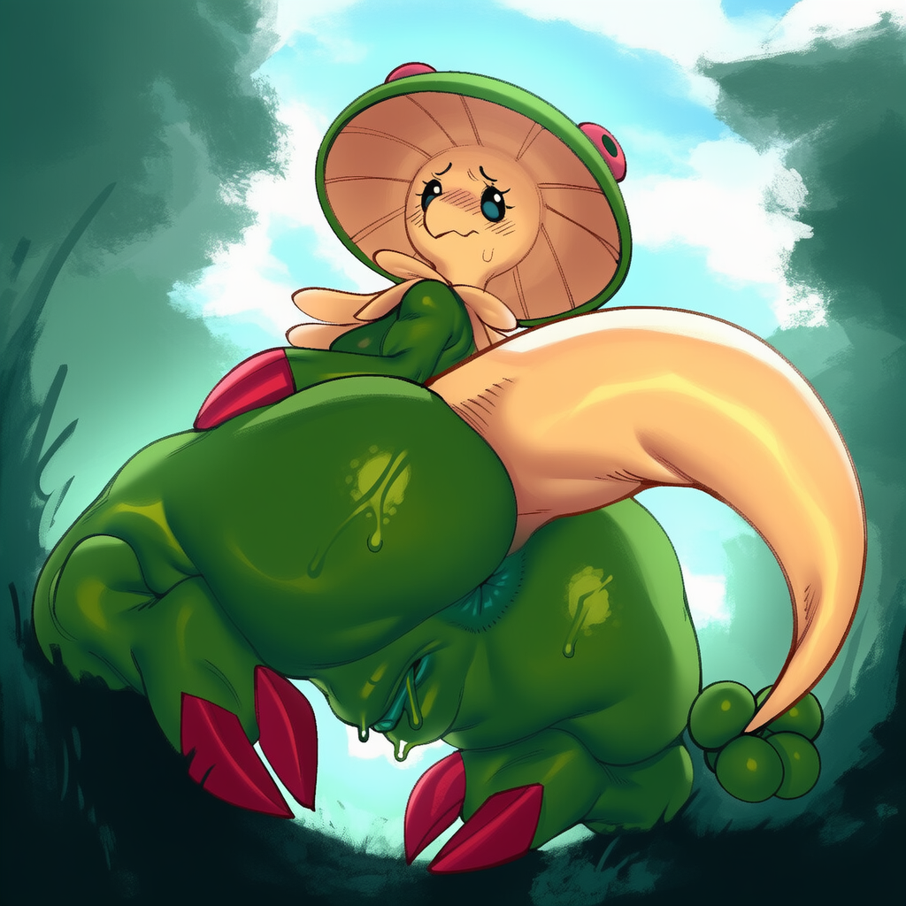 2025 ai_generated anthro anus ass big_butt blush bodily_fluids breloom claws clothing cloud detailed_background digital_media_(artwork) eyelashes female feral fungi_fauna fungus generation_3_pokemon genital_fluids genitals grass hellsonger hi_res looking_at_viewer looking_back nintendo outside plant pokemon pokemon_(species) presenting pussy pussy_juice rear_view reptile scalie solo thick_thighs tree