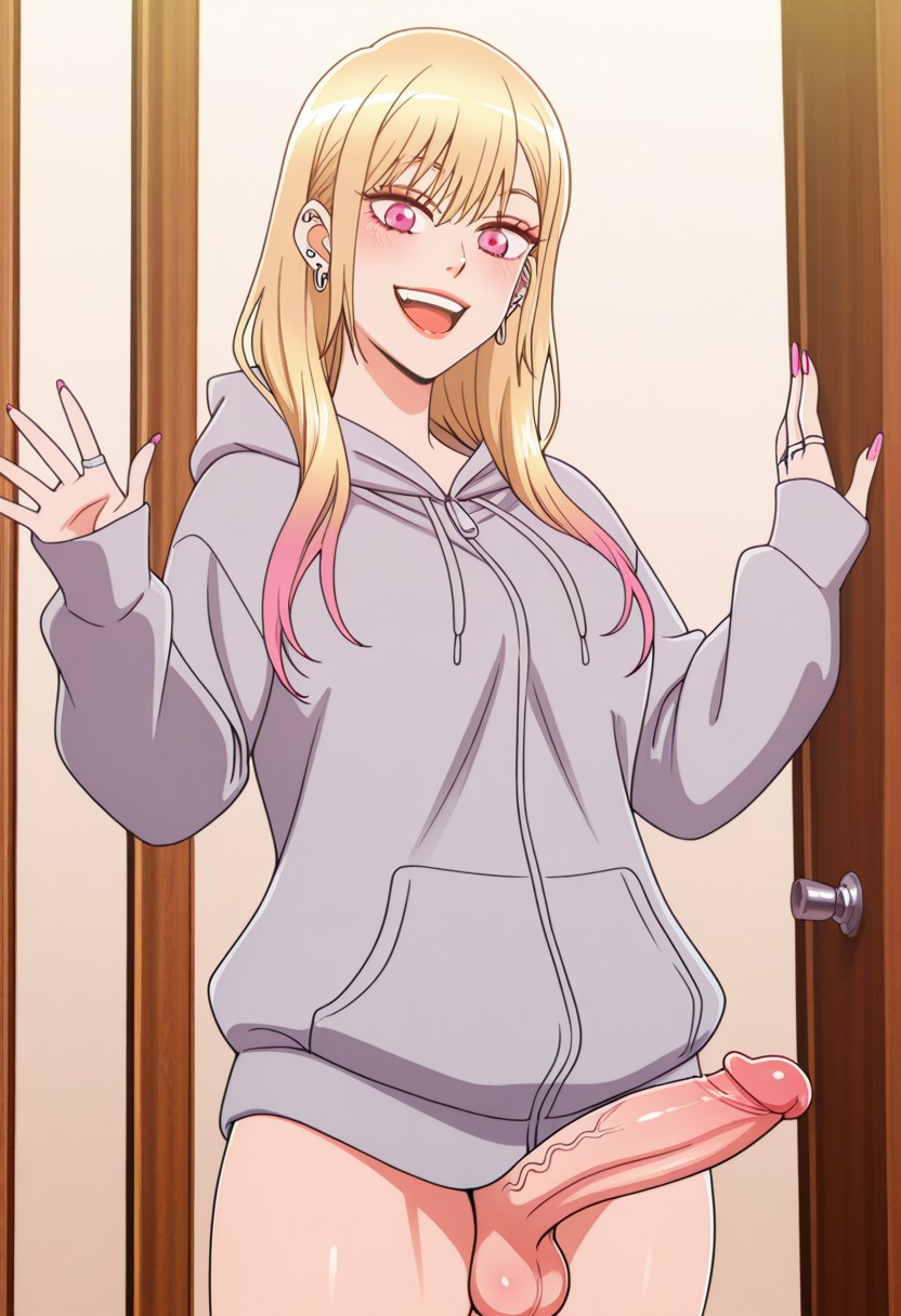 1futa, 2d, ai generated, balls, blonde hair, blondshell, civitai, clothed, erection, futa only, futanari, grey hoodie, hoodie, human, human only, intersex, kitagawa marin, light skin, light-skinned futa, long sleeves, looking at viewer, open mouth, open smile, partially clothed, smile, smiling at viewer, solo, sono bisque doll wa koi wo suru, testicles, waving at viewer