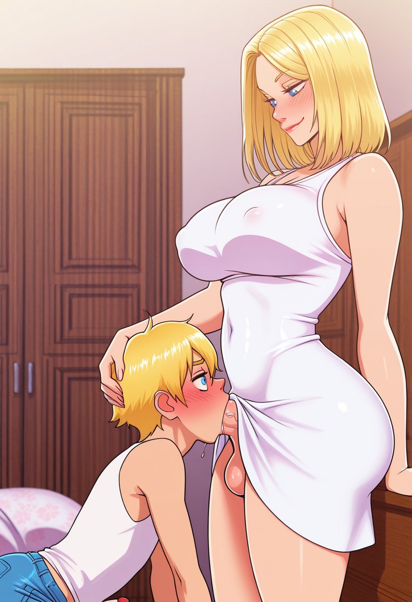 1boy, 1futa, 2d, ai generated, balls, blonde futa, blonde hair, blonde male, blondshell, blowjob, blue eyes, breasts, civitai, clothed, dress, dress lift, fellatio, futa on male, futadom, futanari, hand on head, intersex, large breasts, male, male sucking futa, oral, oral sex, penis, son sucking mother, tank top, white dress