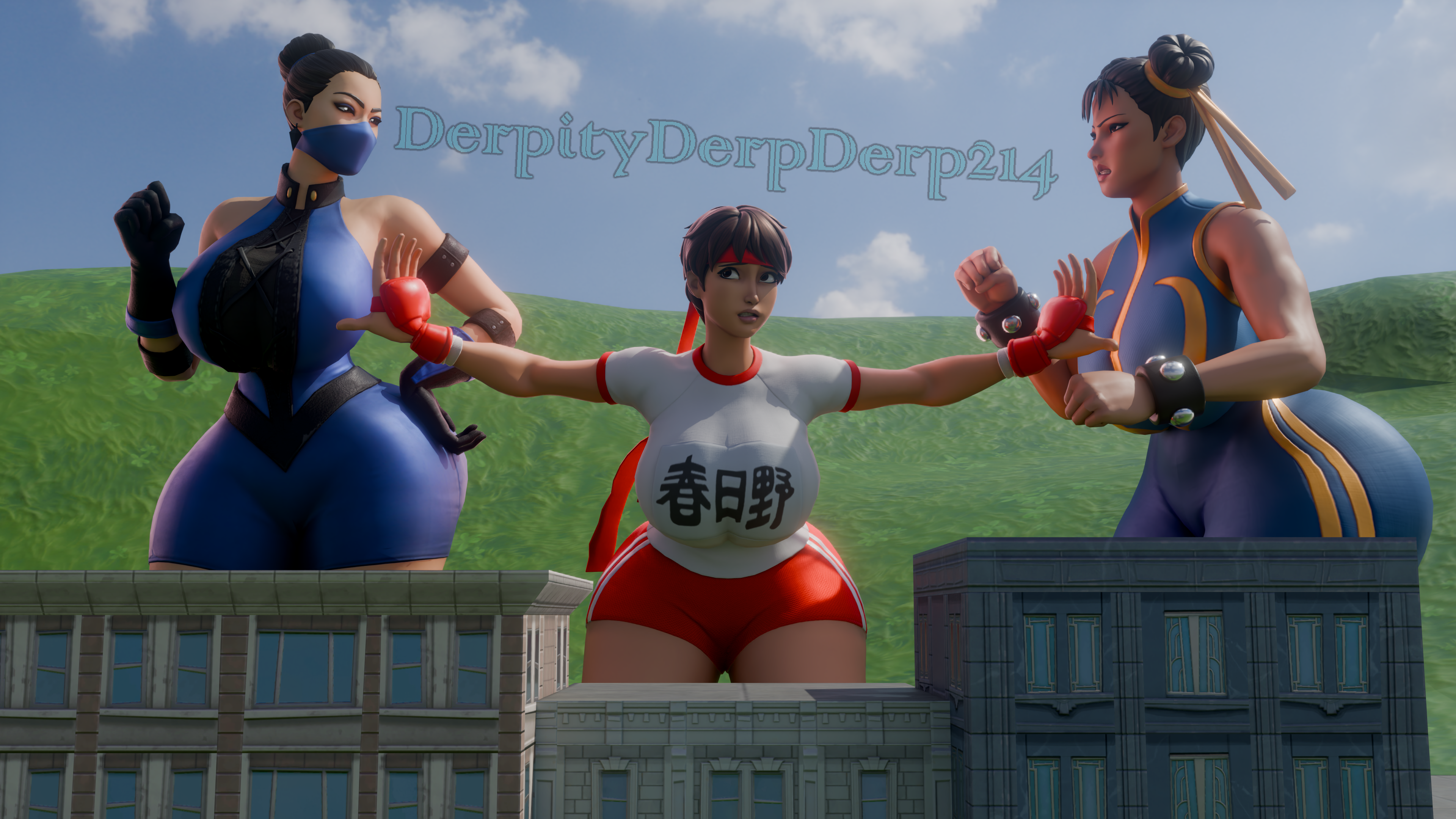 3girls, asian, asian female, big breasts, bigger female, black hair, black-haired female, breasts, brown hair, brown-haired female, brunette hair, capcom, chinese, chinese female, chun-li, chun-li (fortnite), city, crossover, dderp214, derpityderpderp214, female, fortnite, giant female, giant woman, giantess, hips, japanese, japanese female, kitana, kitana (fortnite), large boobs, large breasts, larger female, light skin, light-skinned female, mortal kombat, older female, raven hair, sakura kasugano, shorter female, smaller female, street fighter, thick thighs, thighs, wide hips, younger female