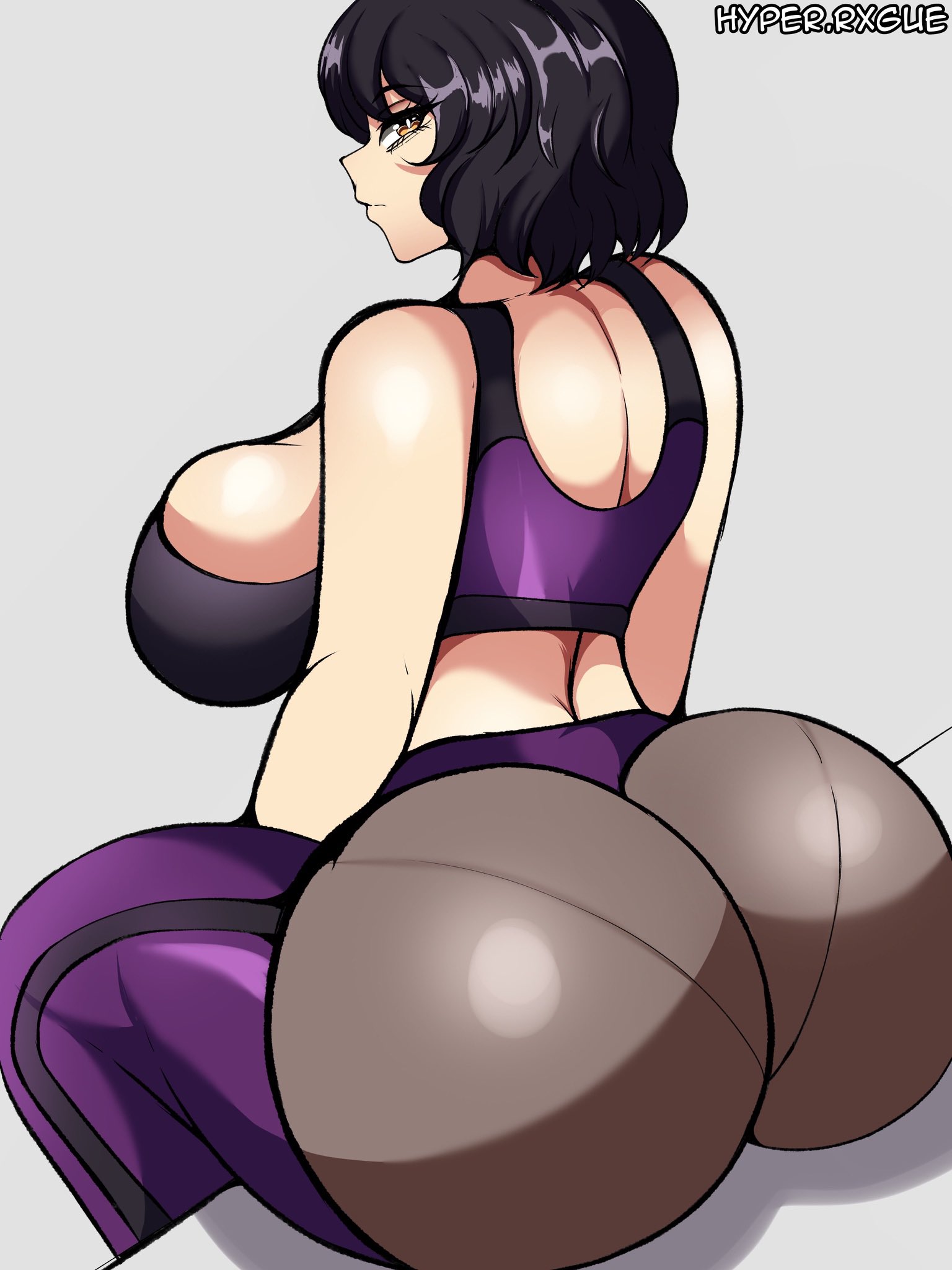 1girls, ass, big ass, black hair, blake belladonna, bottom heavy, breasts, clothing, crop top, fat ass, faunus, female, female only, gym clothes, huge ass, hyperrxgue, large ass, looking at viewer, looking back, massive ass, pants, pantylines, rwby, short hair, solo, thick ass, thick thighs, thunder thighs, wide hips