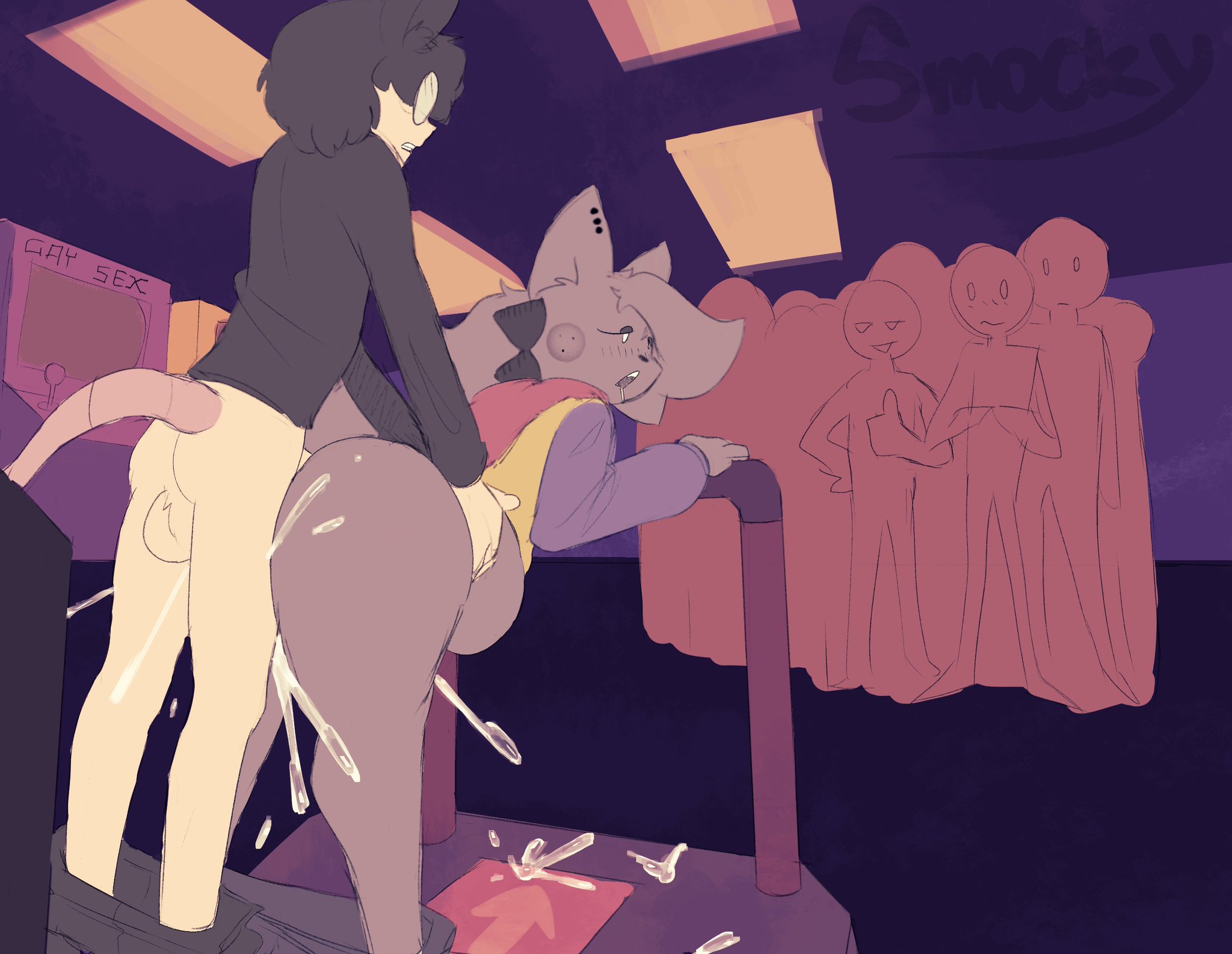 cat ears, clothed sex, cum, cum inside, exhibitionism, friday night funkin, glasses, kapi (paperkitty), mouse boy, mouse ears, mouse tail, public, public sex, smocky, tagme