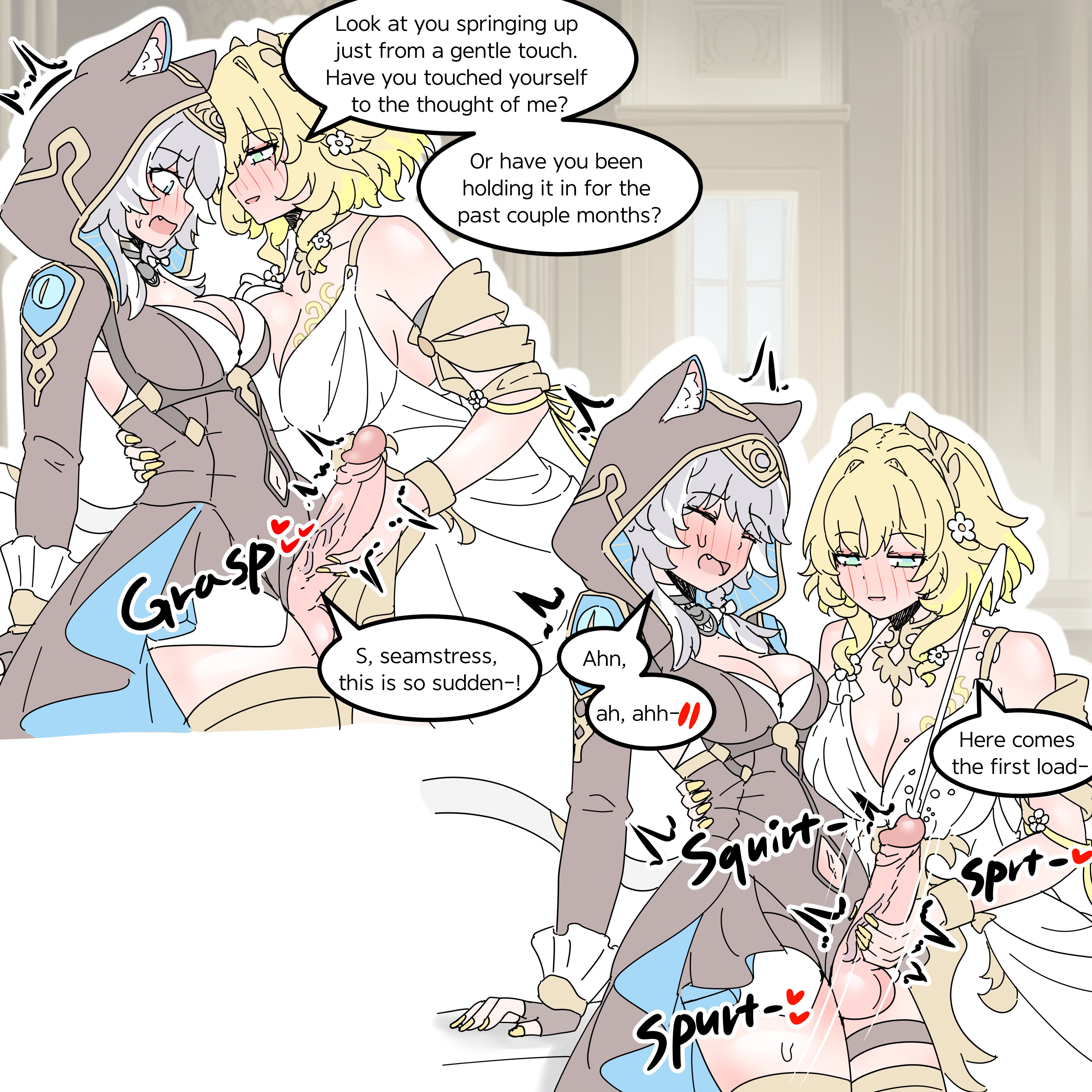 1futa, 1girls, aglaea (honkai: star rail), cipher (honkai: star rail), cum, female, femdom, futanari, handjob, honkai (series), honkai: star rail, hoyoverse, intersex, mihoyo, physisyoon, text