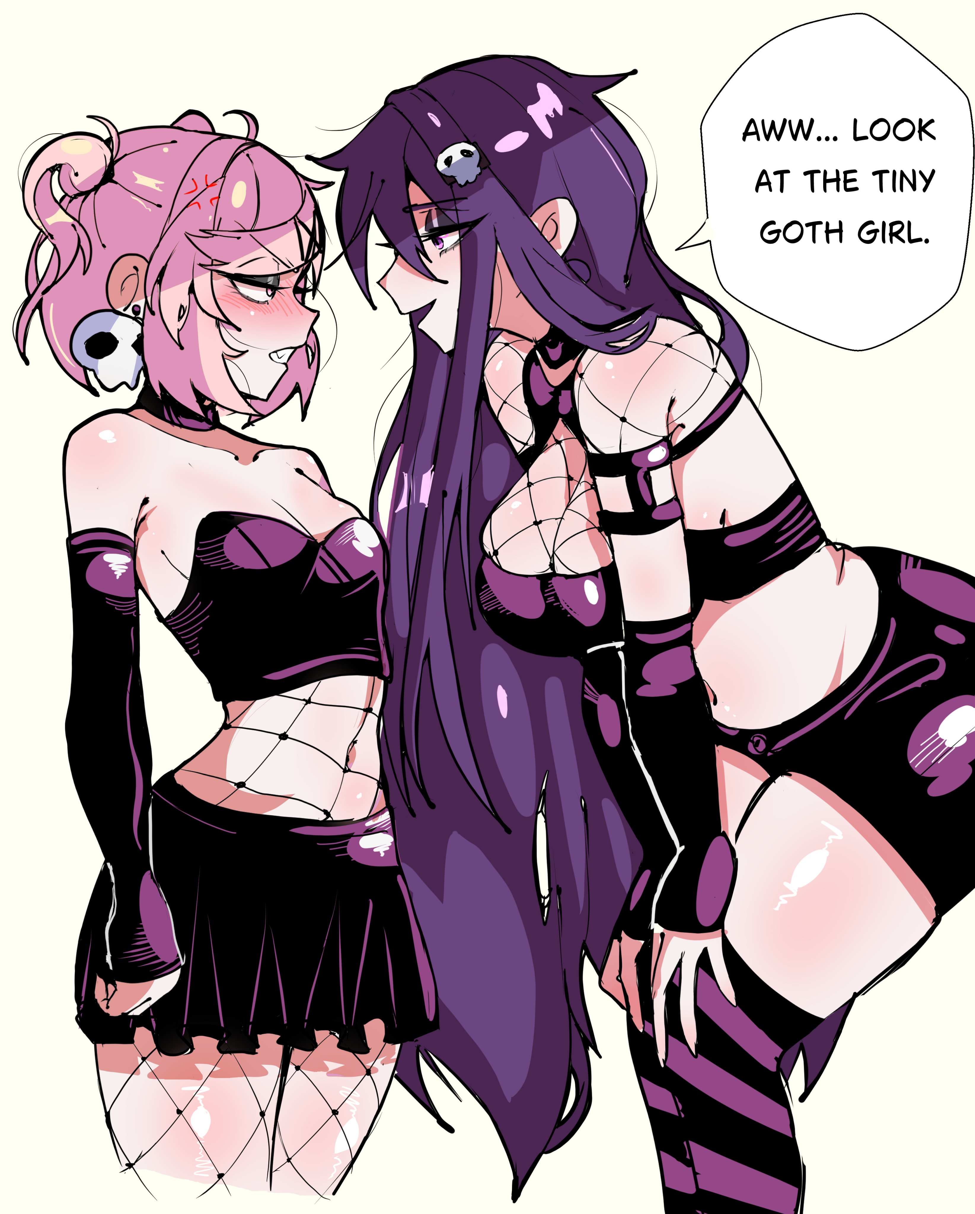 2girls, anger vein, cleavage, condescending, doki doki literature club, eclipxare, english text, female, female only, fishnet legwear, fishnets, goth, goth girl, light skin, light-skinned female, multiple females, multiple girls, natsuki (doki doki literature club), pink hair, purple hair, size difference, skimpy, speech bubble, text, thighhighs, yuri, yuri (doki doki literature club)