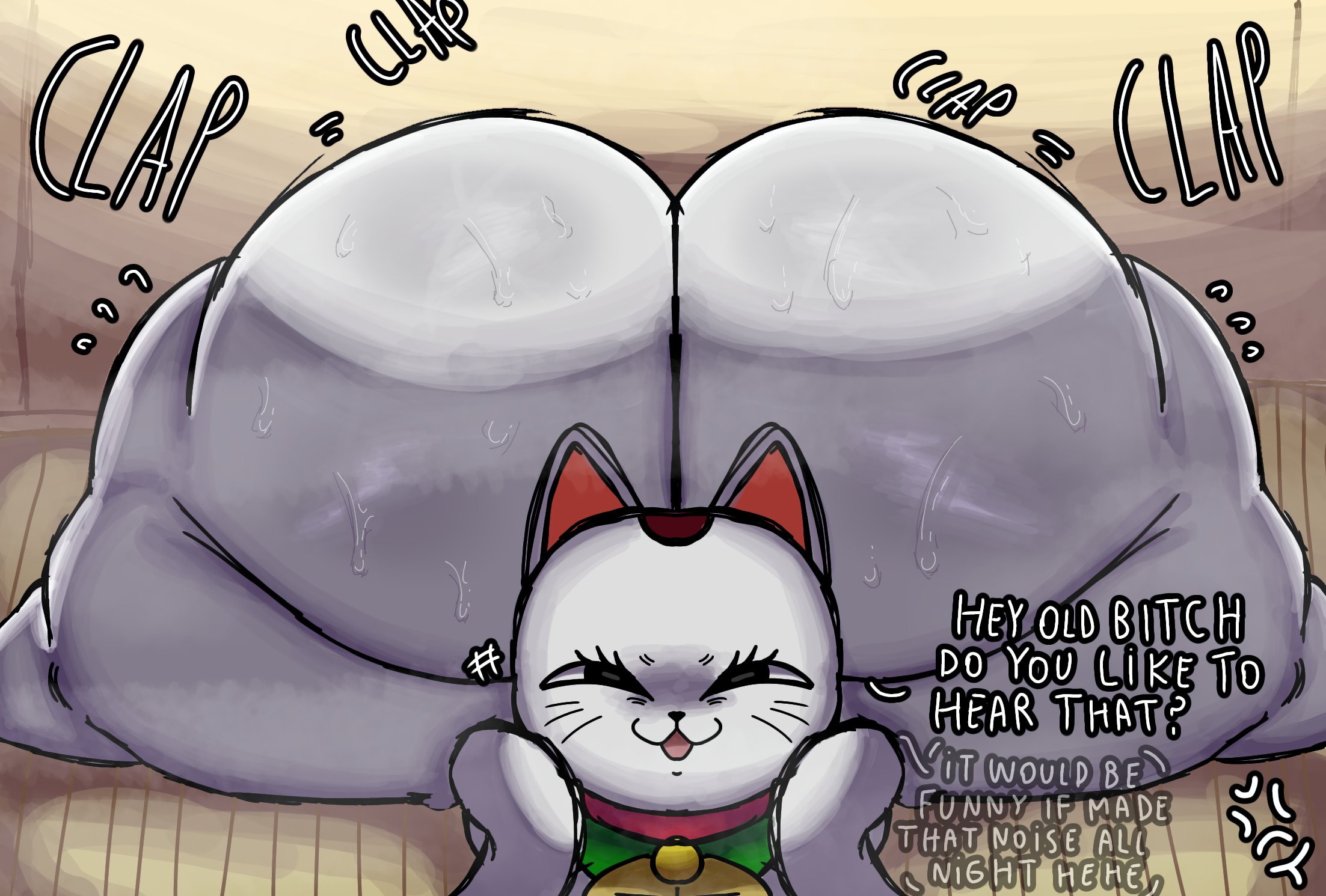 1girls, anthro, ass, ass bigger than head, big ass, big butt, bottom heavy, brat, bubble butt, cat ears, clapping cheeks, curvaceous, curvy, curvy figure, dandadan, dialogue, english text, feline, female, female only, front view, furry, huge ass, lolbear 9, looking at viewer, musk, musk clouds, musky butt, narrowed eyes, onomatopoeia, open mouth, shortstack, solo, solo female, steam, steamy ass, sweat, sweaty, sweaty butt, text, thick thighs, turbo granny (dandadan), voluptuous, voluptuous female, wide hips