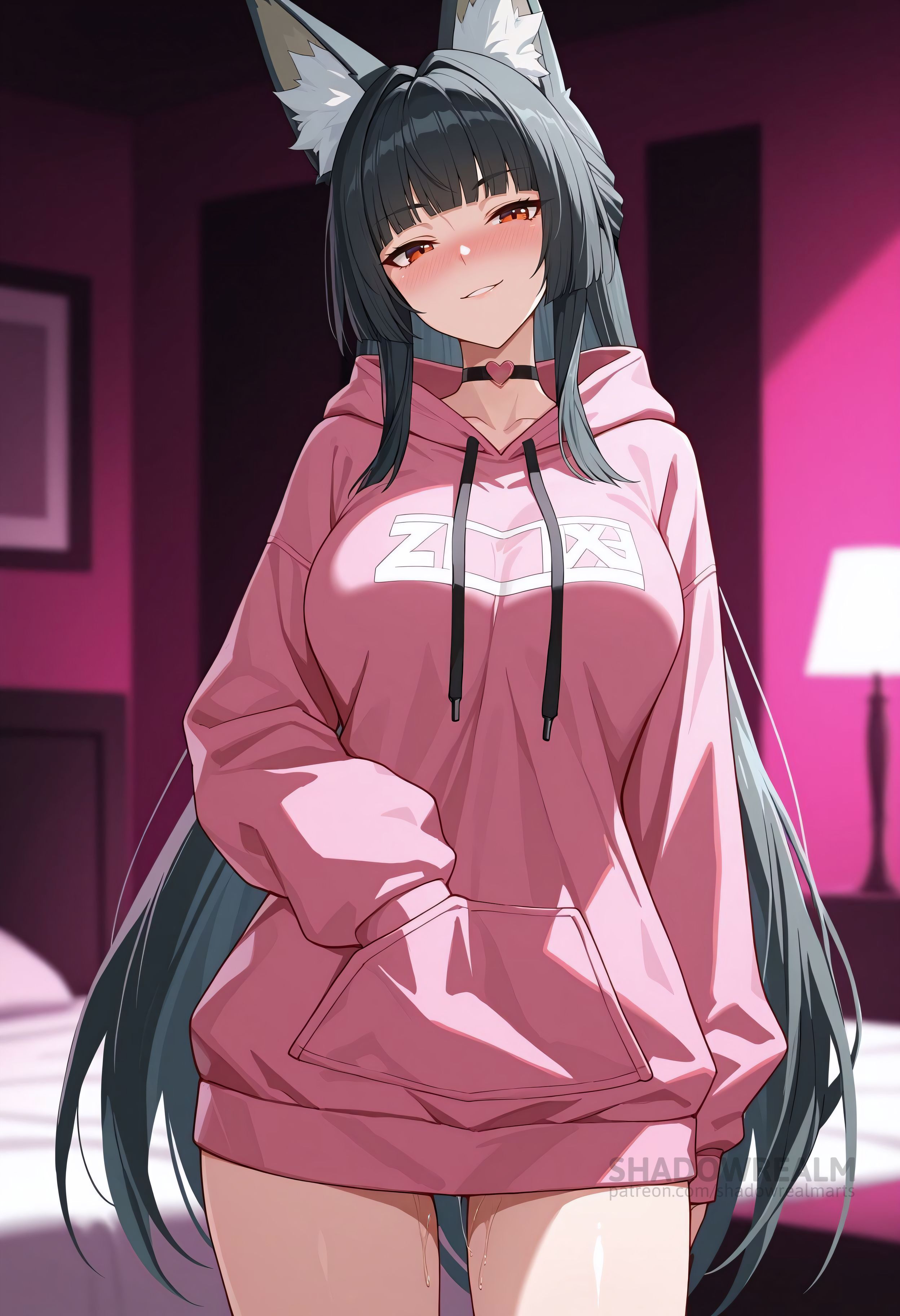 ai generated, animal ear fluff, animal ears, bedroom, black choker, black hair, blunt bangs, blurry, blush, breasts, choker, collarbone, cowboy shot, drawstring, female, fox ears, fox girl, grin, hand in pocket, heart, heart choker, hood, hood down, hoodie, hoshimi miyabi, indoors, large breasts, long hair, long sleeves, looking at viewer, parted lips, pink hoodie, pussy, pussy juice, red eyes, shadowrealmarts, smile, solo, standing, thighs, uncensored, very long hair, zenless zone zero
