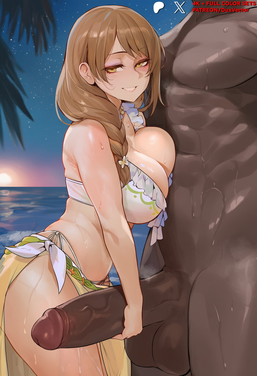 1boy, abs, ai generated, ass, balls, bangs, bare shoulders, beach, bikini, blush, braid, breast press, breasts, brown eyes, brown hair, cleavage, clothed female nude male, clothing, dark skin, dark-skinned male, duxvector, erection, female, fire emblem, fire emblem engage, goldmary (fire emblem), goldmary (summer) (fire emblem), grin, hair ornament, huge breasts, huge cock, interracial, jewelry, large breasts, large penis, long hair, looking at viewer, male, muscles, muscular, muscular male, navel, netorare, night, nipples, ntr, nude, nude male, outdoors, penis, sarong, sky, smile, solo focus, standing, star (sky), straight, sweat, swimsuit, testicles, thick thighs, thighs, veins, veiny penis, water, wet, white bikini, white swimsuit, yellow eyes