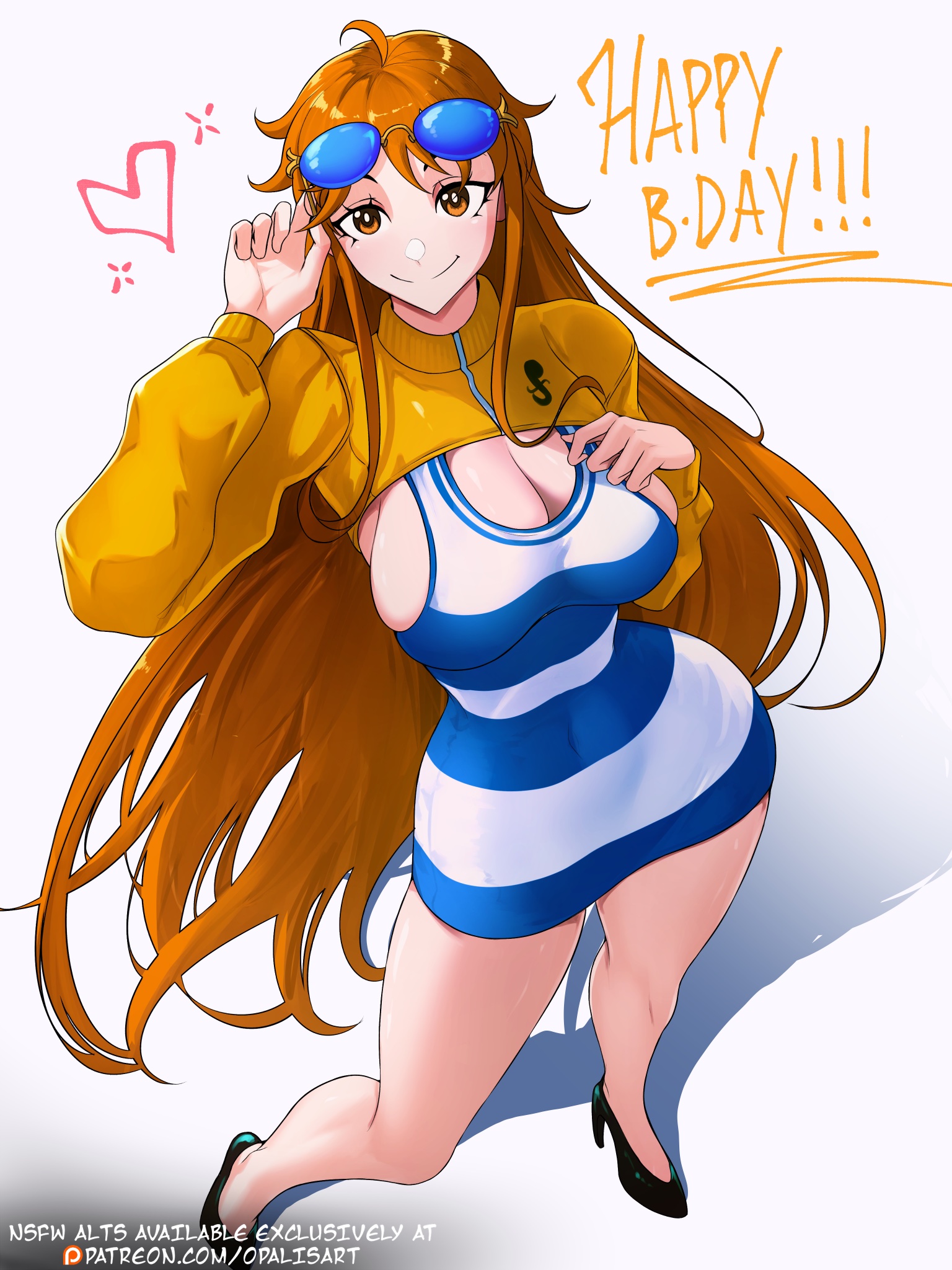 1girls, artist name, big breasts, birthday, breasts, busty, cleavage, clothing, curvy, english text, female, female only, happy birthday, high heels, hips, legs, light skin, light-skinned female, nami (one piece), one piece, opalisart, orange eyes, orange hair, orange-haired female, small waist, sunglasses, sunglasses on head