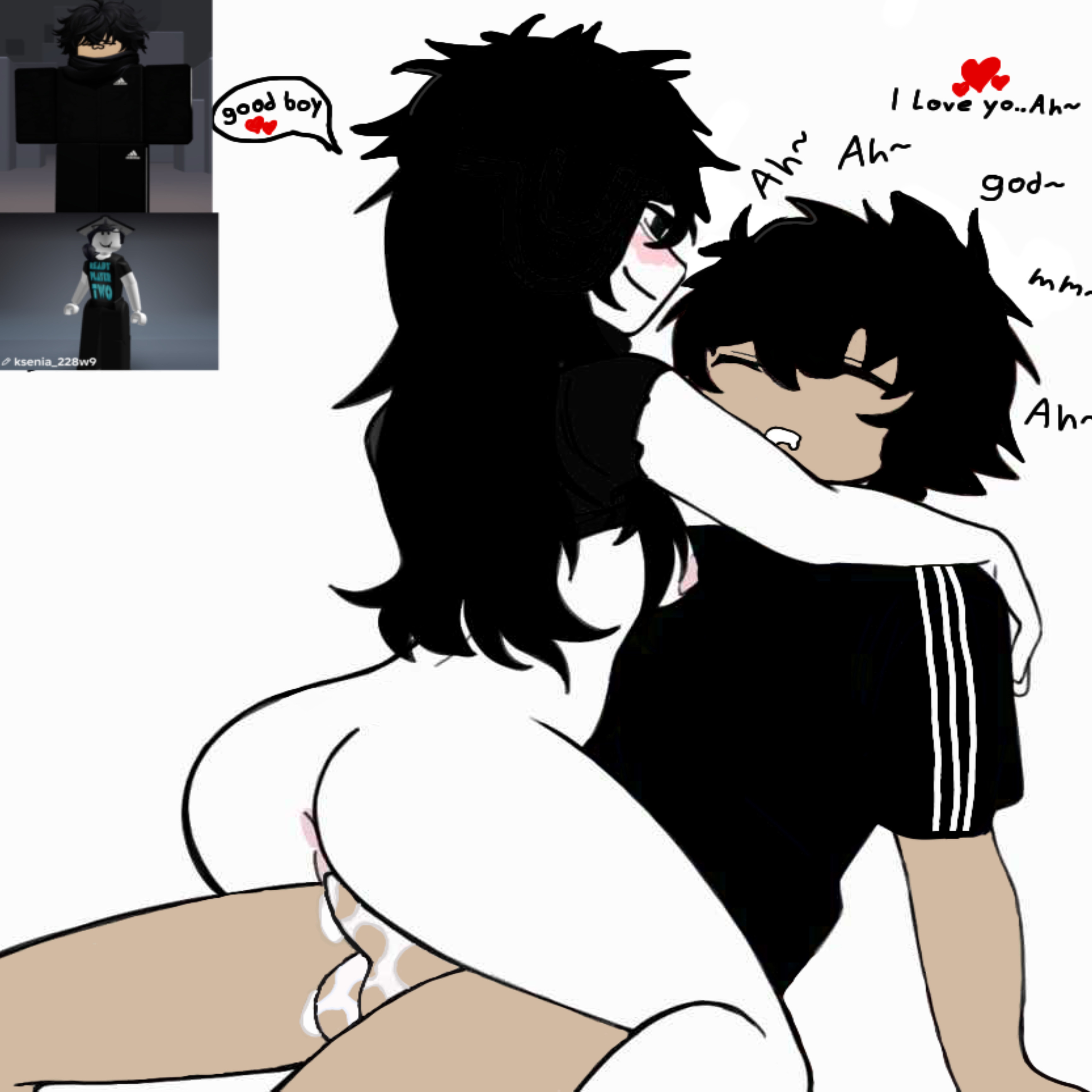 1boy, 1girls, ass, assertive, big, black, blush, boy, breasts, cowgirl position, cum, cum in ass, cum in pussy, cum inside, cute, dark skin, dark-skinned male, female, femdom, hair, in, long, male, male/female, mistercemper, penis, position, pussy, reference image, rework, roblox, roblox avatar, robloxian, self upload
