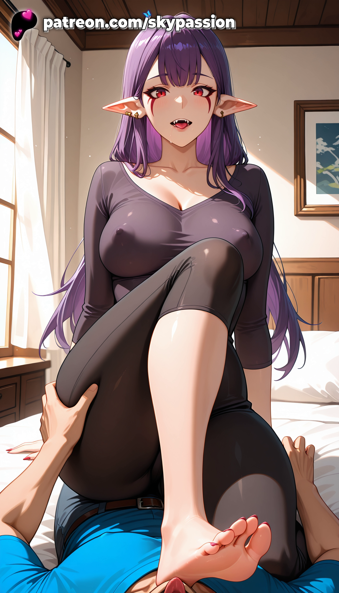 1boy, 1girls, 2025, ai assisted, ai generated, anime, artist name, barefoot, bed, bed sheet, bedroom, belt, big breasts, big chest, big penis, blush, breasts, bulge, bust, busty, chest, cock, collarbone, covered nipples, cowgirl position, curtains, dick, ear piercing, earrings, elf, erection, erection under clothes, esil radiru, explicit, eyebrows visible through hair, feet, female, foot fetish, foot play, hi res, high quality, high resolution, highres, indoors, jeans, jewelry, large breasts, long hair, looking at viewer, male, nail polish, on bed, open mouth, pants, patreon, patreon username, penis, pointy ears, pov, purple hair, red eyes, shirt, sitting, skypassion, smile, soles, solo focus, solo leveling, stable diffusion, straight, teeth, toenail polish, toenails, toes, watermark, window