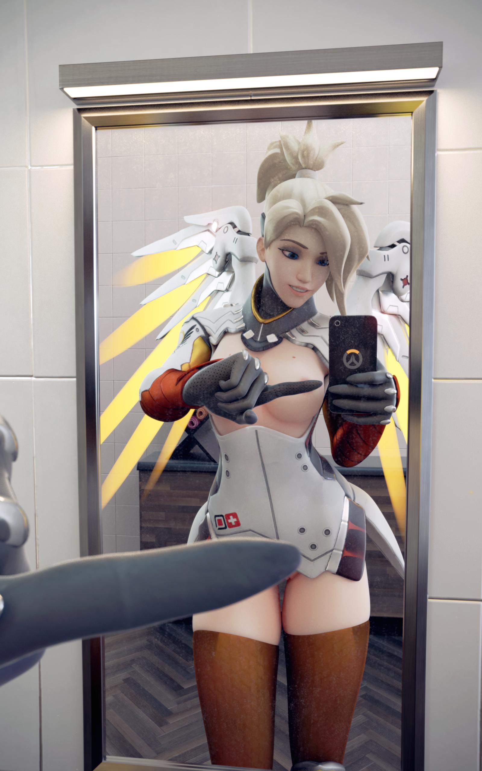 3d, blender, breasts, exposed, exposed breasts, exposed pussy, female, mercy, one finger selfie challenge, overwatch, pussy, solo