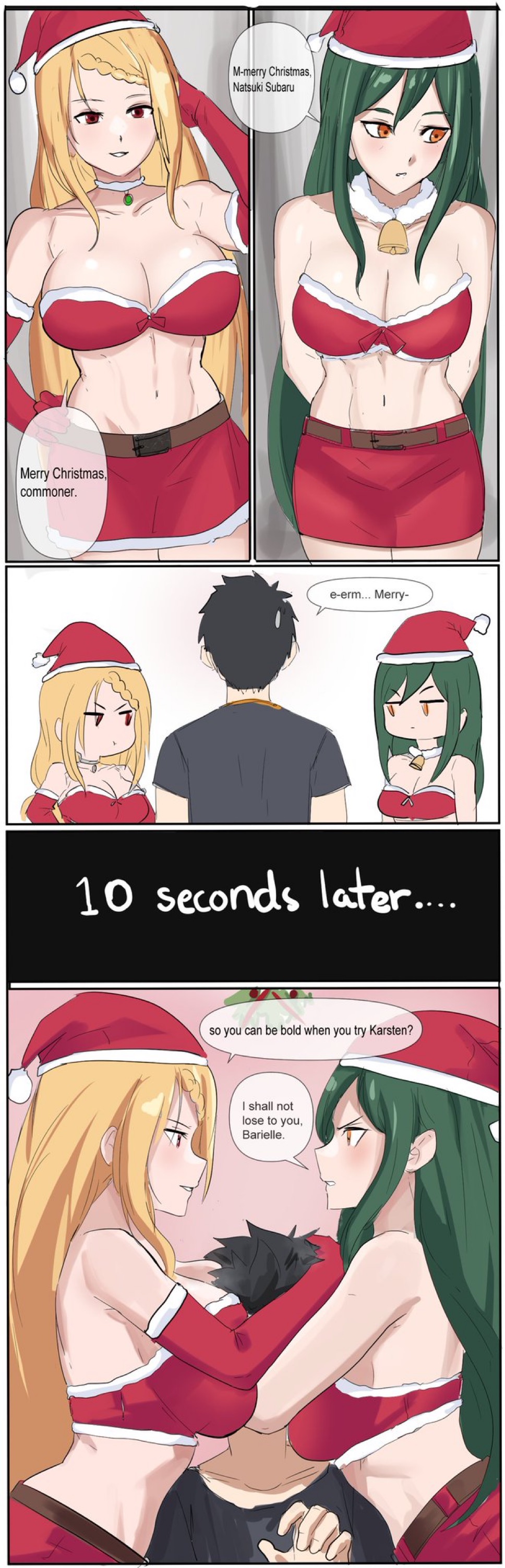  e v o n 0, 2girls, akihitoevon, big ass, big breasts, breasts, breasts in face, christmas, christmas outfit, crusch karsten, female, horny, hourglass figure, jealous, looking at partner, looking at viewer, natsuki subaru, priscilla barielle, re:zero kara hajimeru isekai seikatsu, shy, smile, smiling, thick thighs