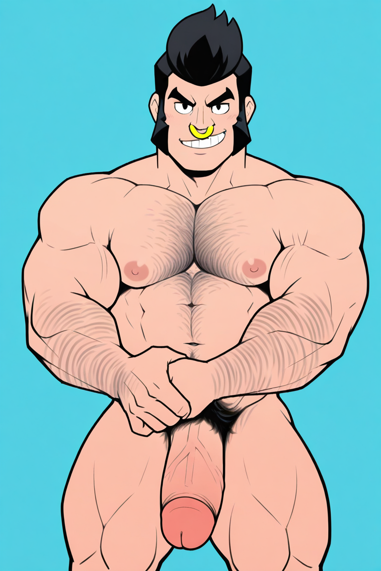 ai, ai generated, bara, big penis, brawl stars, bull (brawl stars), civitai, colored skin, daddy, dilf, facial hair, gay, hairy male, headphones, huge cock, large muscles, large penis, male, male focus, male only, monster, muscles, muscular, muscular male, nose piercing, penis, piercing, pompadour, solo male, supercell, thick penis, yaoi