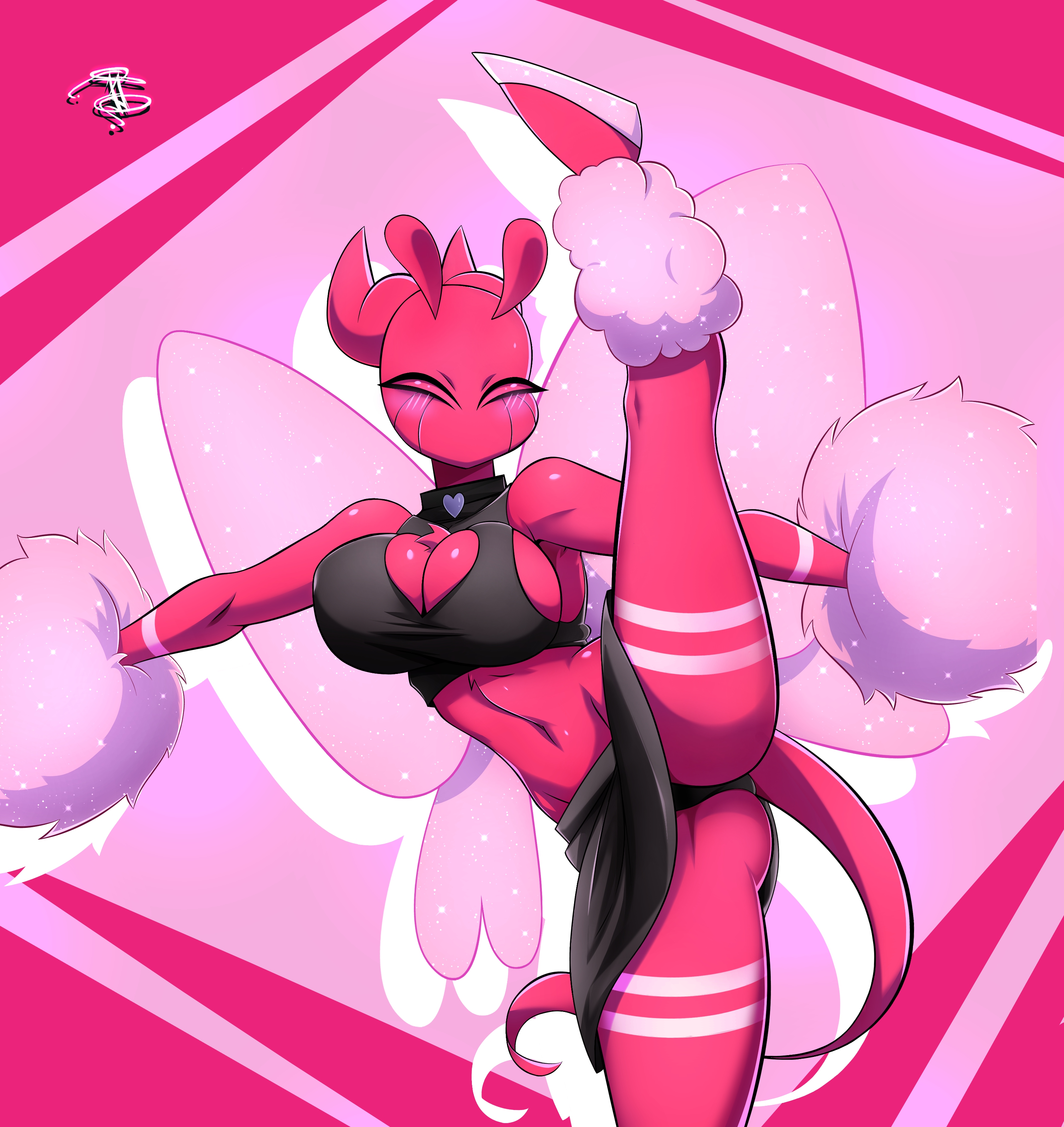 antennae (anatomy), anthro, arthropod, ass, athletic, athletic female, big breasts, black clothing, black underwear, blush, bottomwear, bra, breasts, cheerleader, cheerleader outfit, cheerleading pose, cleavage, cleavage cutout, clothed, clothing, cutout, demon, digital media (artwork), female, flexible, footwear, friday night funkin, friday night funkin mod, friday night funkin', fur, heart cutout, heart symbol, hi res, infernadise (retrospecter), insects, juliusmz63, lepidopteran, maku (retrospecter), minus sakuroma (retrospecter), moth, navel, one leg up, panties, pink skin, pom poms, pose, raised bottomwear, raised clothing, raised leg, raised skirt, skirt, solo, splits, spread legs, spreading, standing, tail, underwear, vertical splits, wings