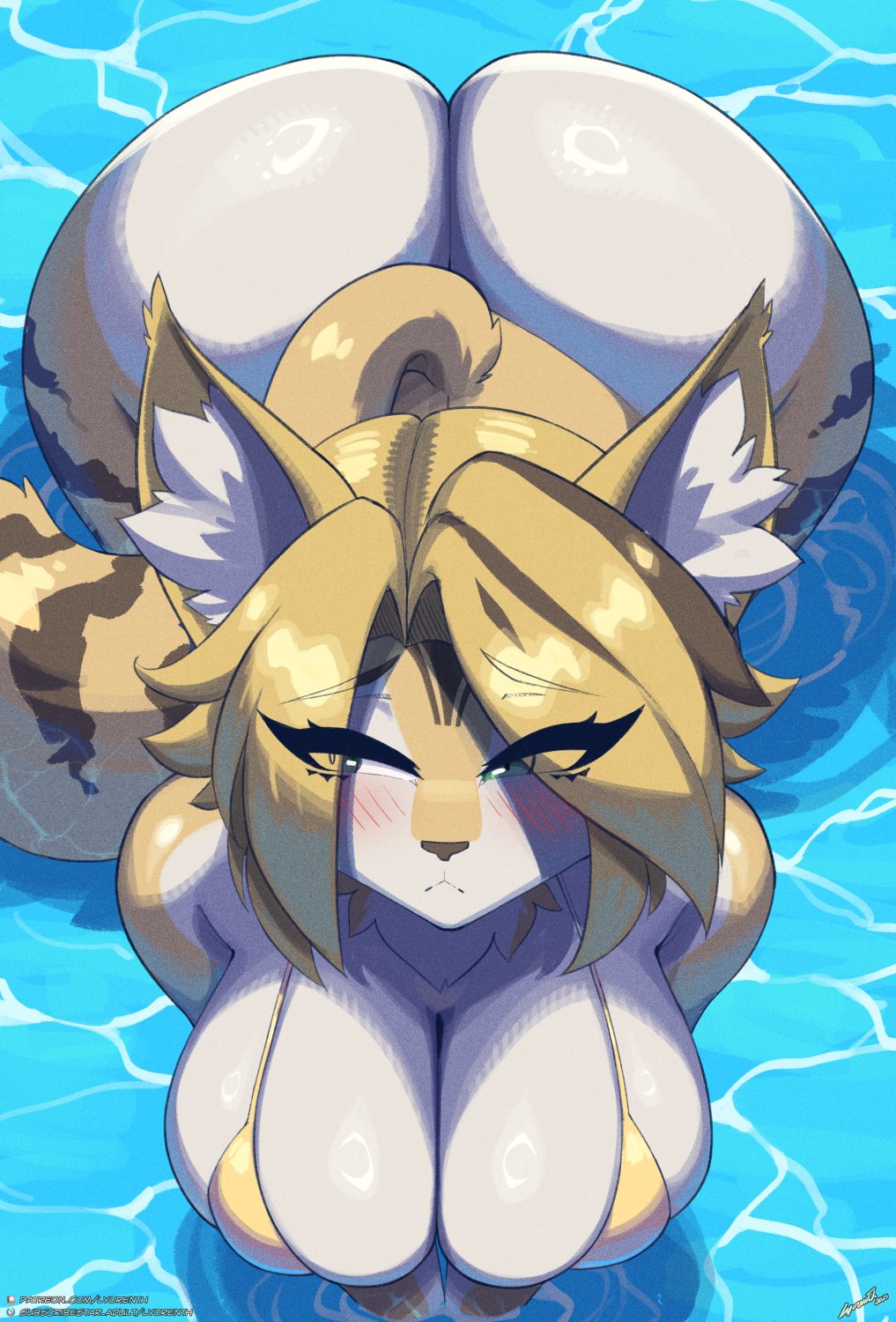all fours, anthro, ass, big ass, big breasts, bikini top, blonde hair, breasts, felid, feline, female, fur, green eyes, lyorenth-the-dragon, mihoyo, on all fours, pulchra fellini, tail, thiren, yellow fur, zenless zone zero