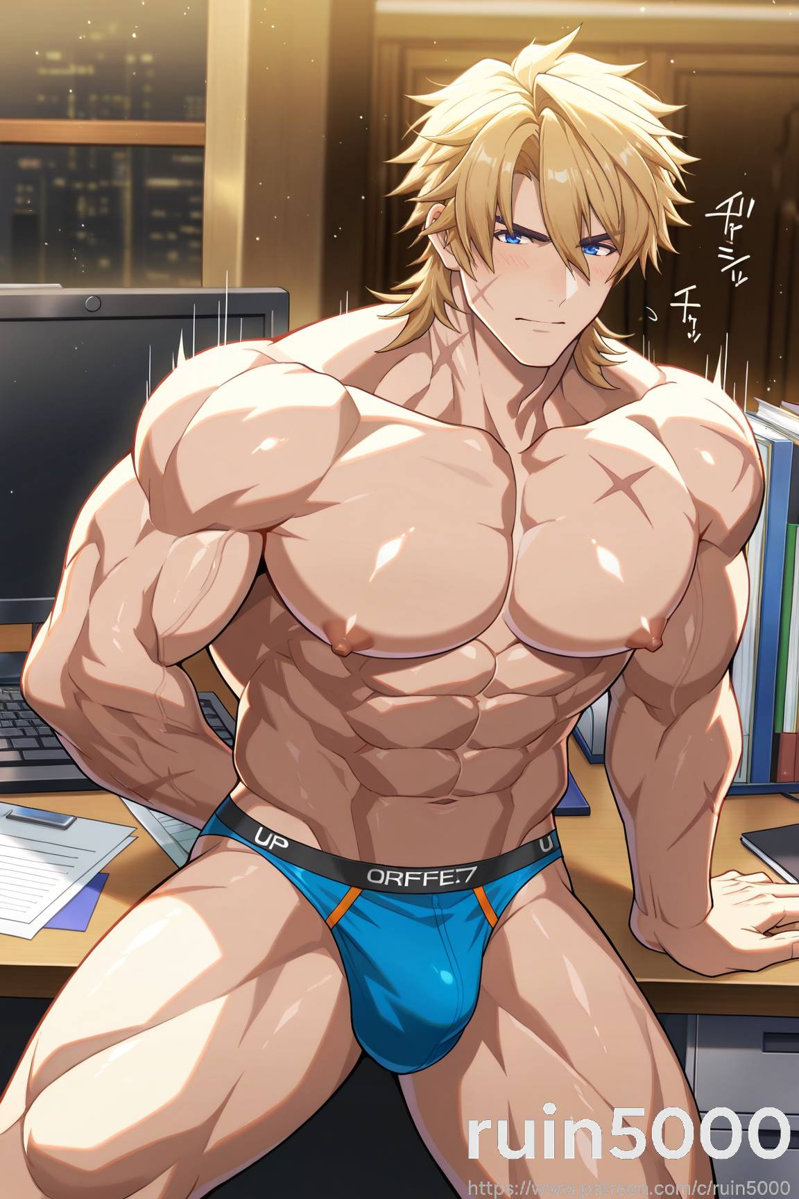 ai generated, bara, gay, genshin impact, male, male focus, male only, muscles, muscular, muscular male, ruin50001, varka (genshin impact), yaoi
