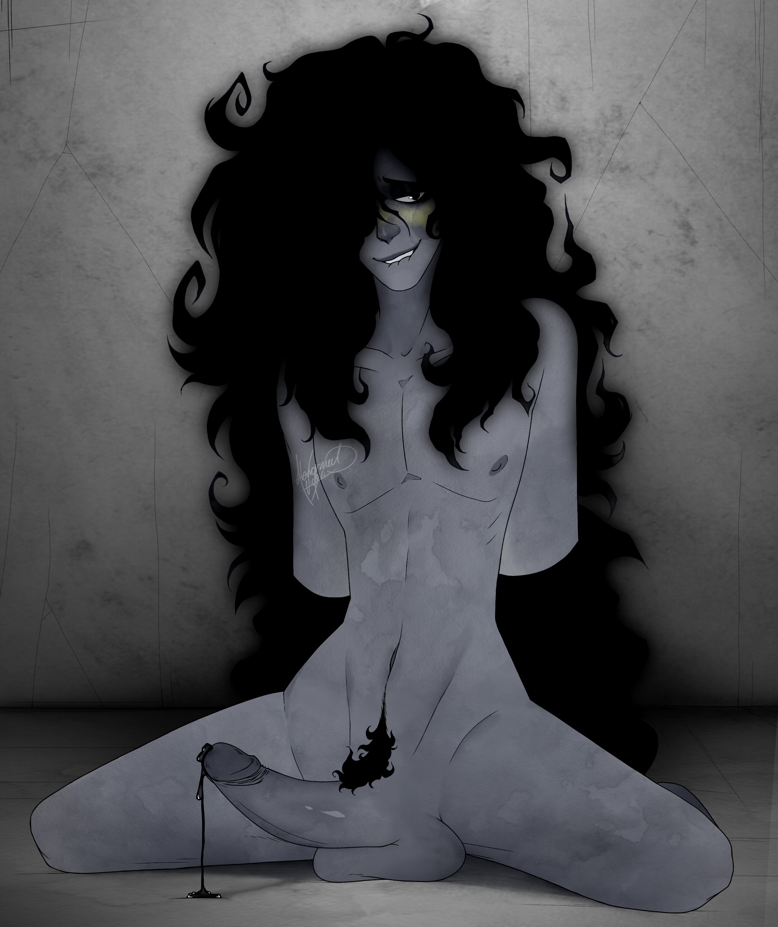 abnormalvic, black cum, black hair, blush, cum, cum drip, cum dripping, cum dripping from penis, date everything, emo boy, erection, grey skin, hands behind back, leg spread, male, nude, on the floor, penis, sketch, skips shadley (date everything), xxxshadowl0rd420xxx (date everything)