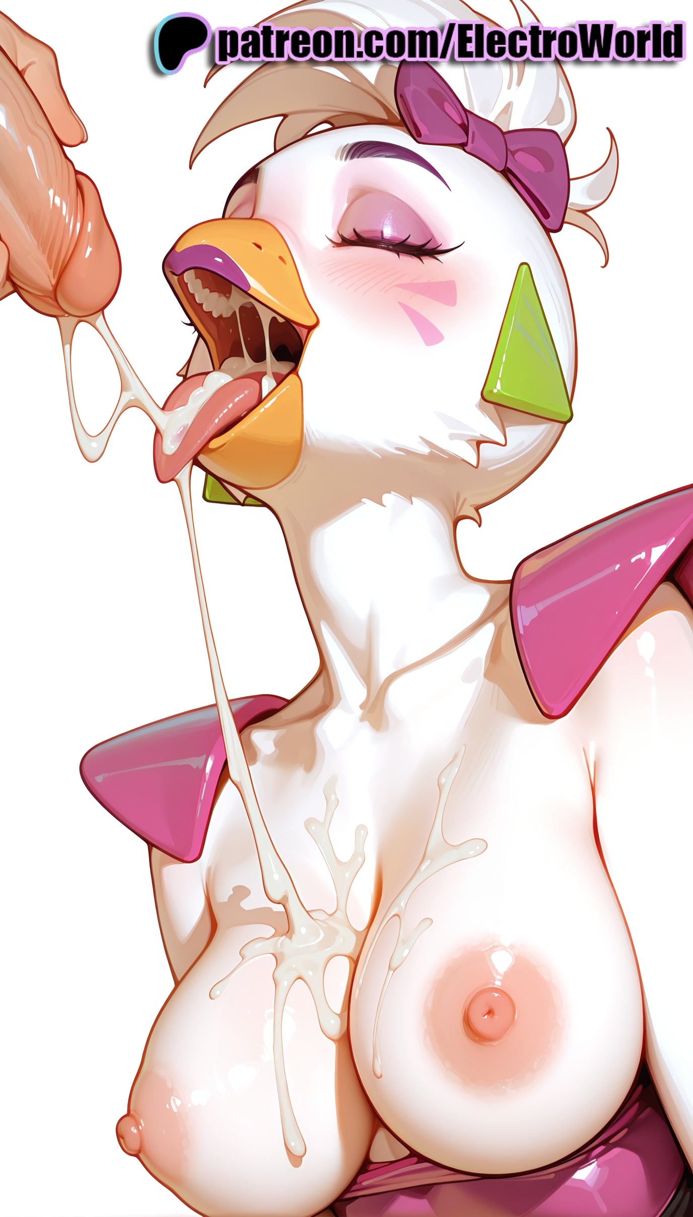 1boy, 1girls, 2025, after fellatio, ai generated, artist name, blush, breasts, bust, chest, cock, cum, cum in mouth, cum on body, cum on breasts, cum on tongue, cum string, cumdrip, dick, ejaculation, electroworld, erection, exposed nipples, facial, female, five nights at freddy's, five nights at freddy's: security breach, fnaf, furry, furry with non-furry, glamrock chica (fnaf), hi res, high quality, high resolution, highres, male, nipples, nipples outside, patreon, patreon username, penis, solo focus, stable diffusion, straight, suggestive fluid, uncensored, veins, watermark