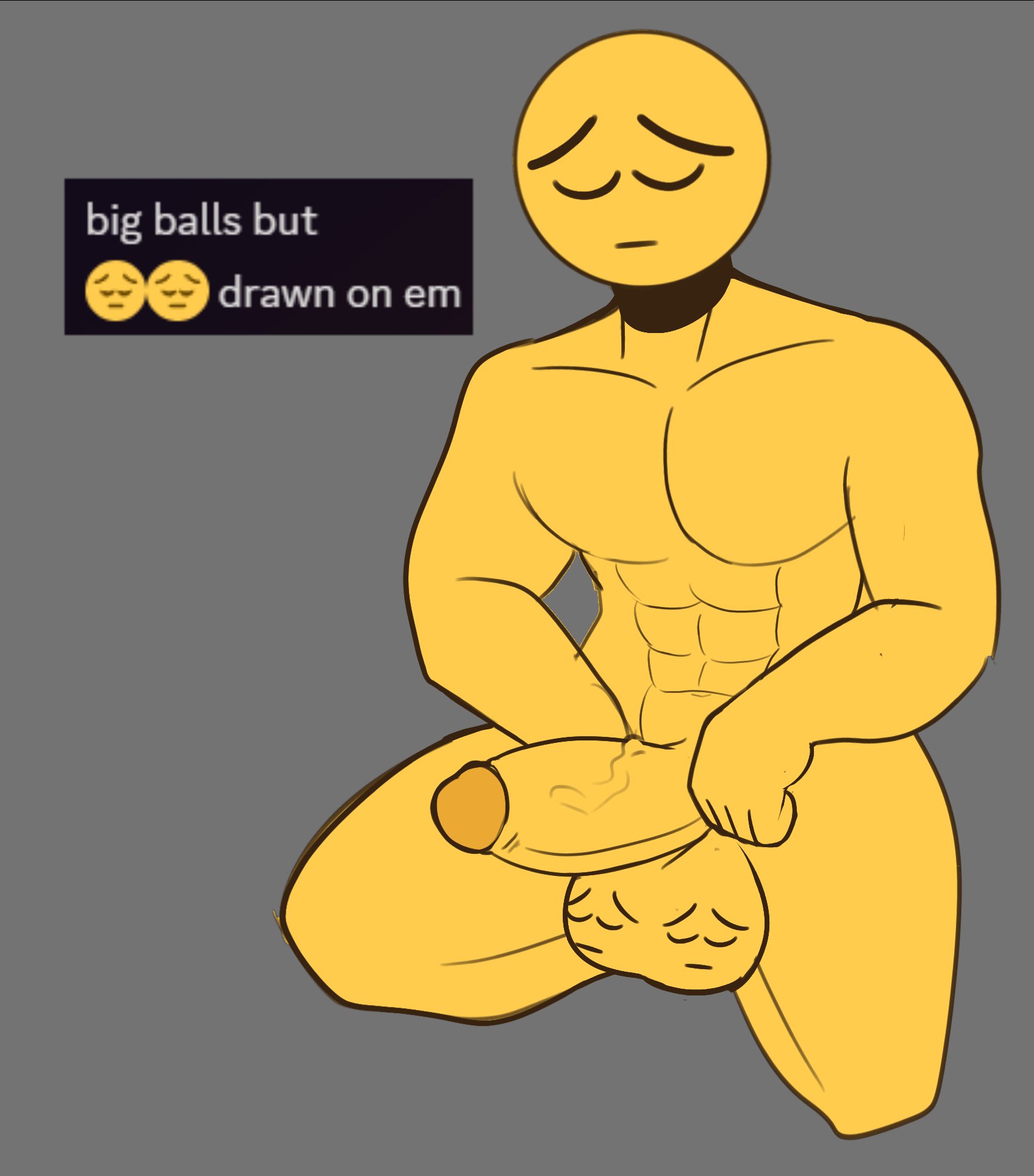 2020s, 2025, 2d, 2d (artwork), abs, balls, big balls, big penis, circle head, closed eyes, emoji, emoji (race), gay, gay male, hi res, highres, large penis, male, male focus, male only, midriff, muscles, muscular, muscular male, navel, nude, nude male, on knees, penis, pensive, pinup, simple background, solo, solo male, srrealleaf, toned stomach, toony face, yaoi