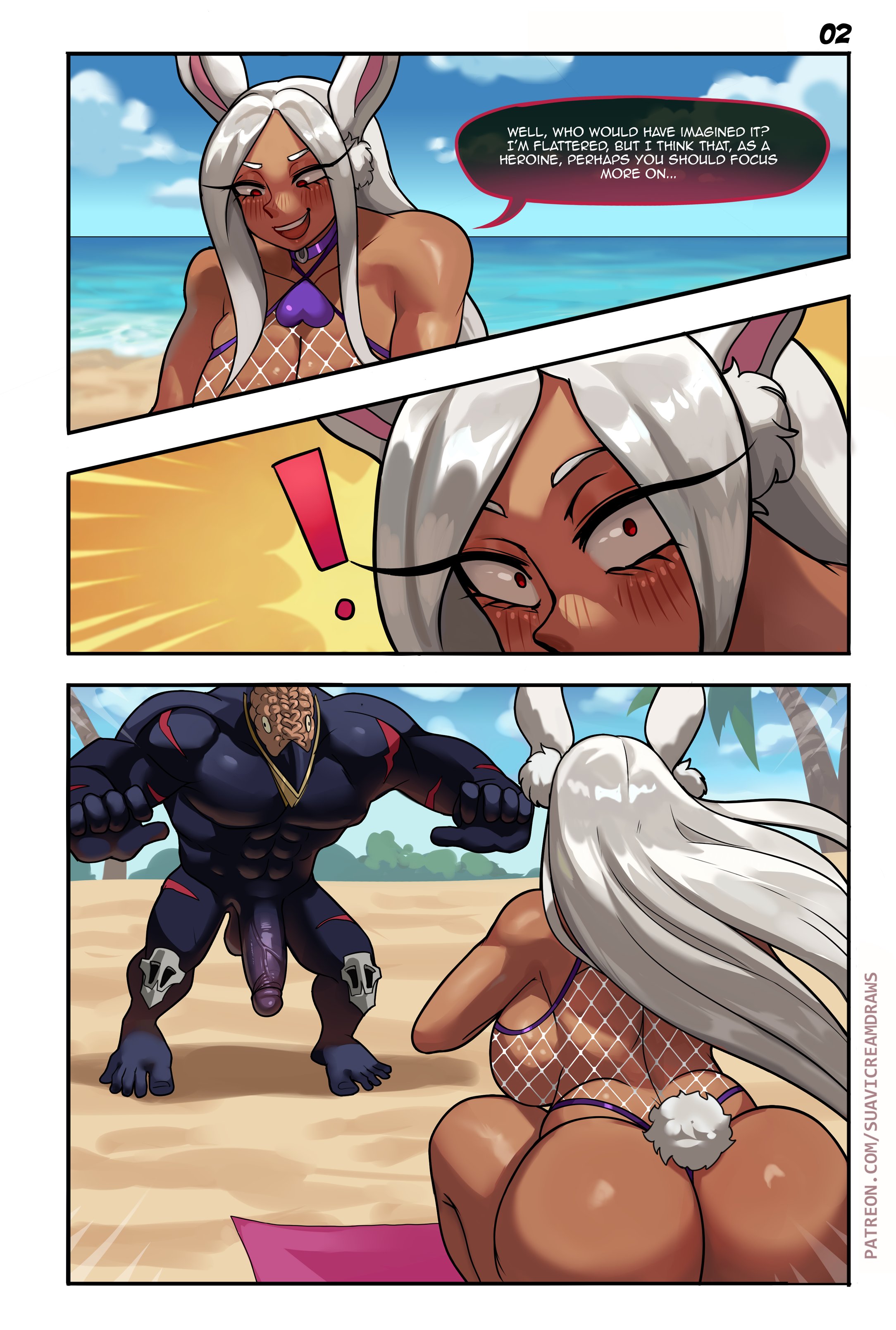 1girls, beach, big breasts, boku no hero academia, breasts, comic, female, huge cock, male, miruko, monster, my hero academia, nomu, noumu (boku no hero academia), penis, rumi usagiyama, suavicreamdraws, surprised, usagiyama rumi, usj nomu