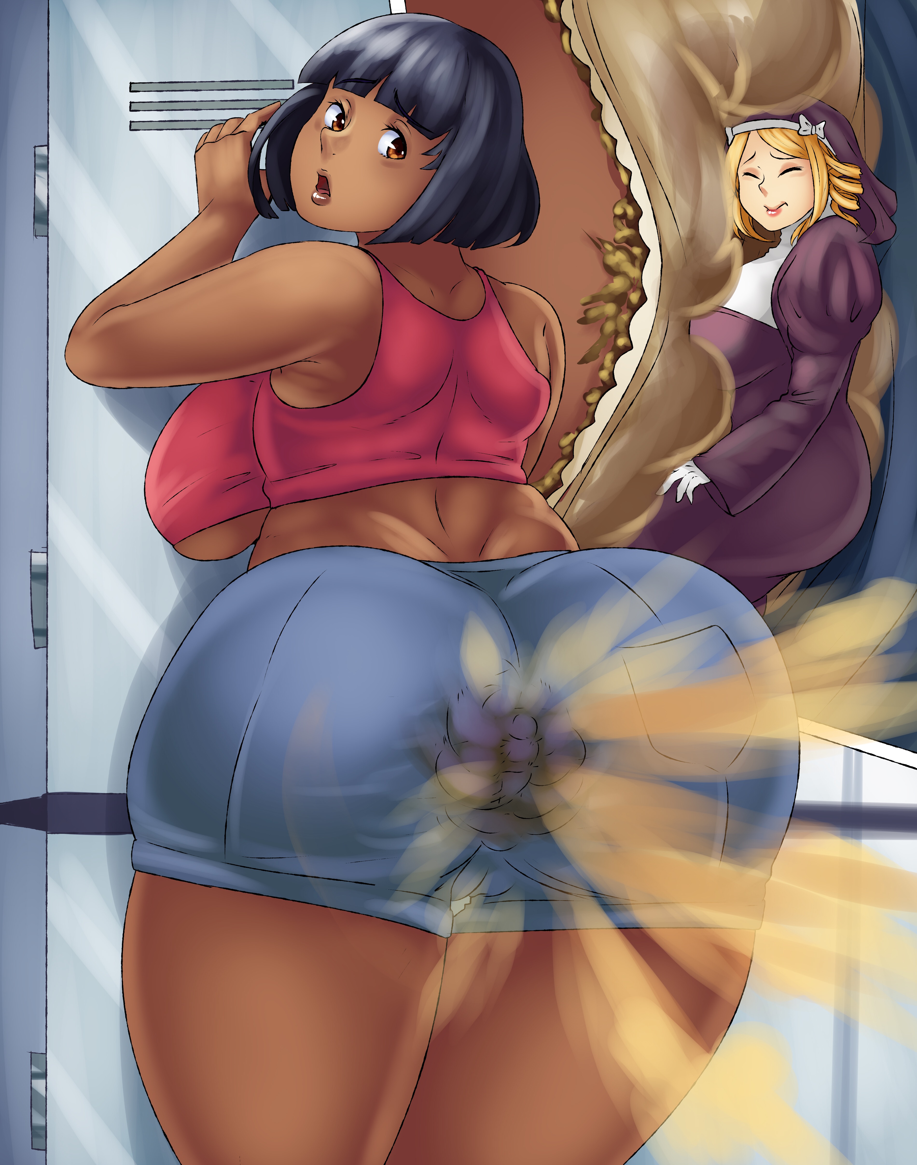 2d, 2d (artwork), 2d artwork, 2girls, accident, ass, big ass, big butt, black hair, blonde hair, brap, breasts, brown eyes, brown skin, brown skinned female, closed eyes, commission, dark skin, dark-skinned female, disgusted, embarrassed, fart, fart cloud, fart fetish, fart torture, farting in face, farting on another, farting on micro, fat ass, female, female pooping, giant female, giant woman, giantess, hot pants, human, human female, human only, humiliation, jean shorts, larger female, looking back, macro, macro female, macro/micro, macrophilia, micro, milgreff (bubblebuttdoublebutt), oc, original character, passing gas, pooping, ripping ass, scat, shart, shorts, sideboob, smaller female, soiling, soiling clothing, soiling panties, soiling underwear, stained panties, ujitoa (bbdb), white panties