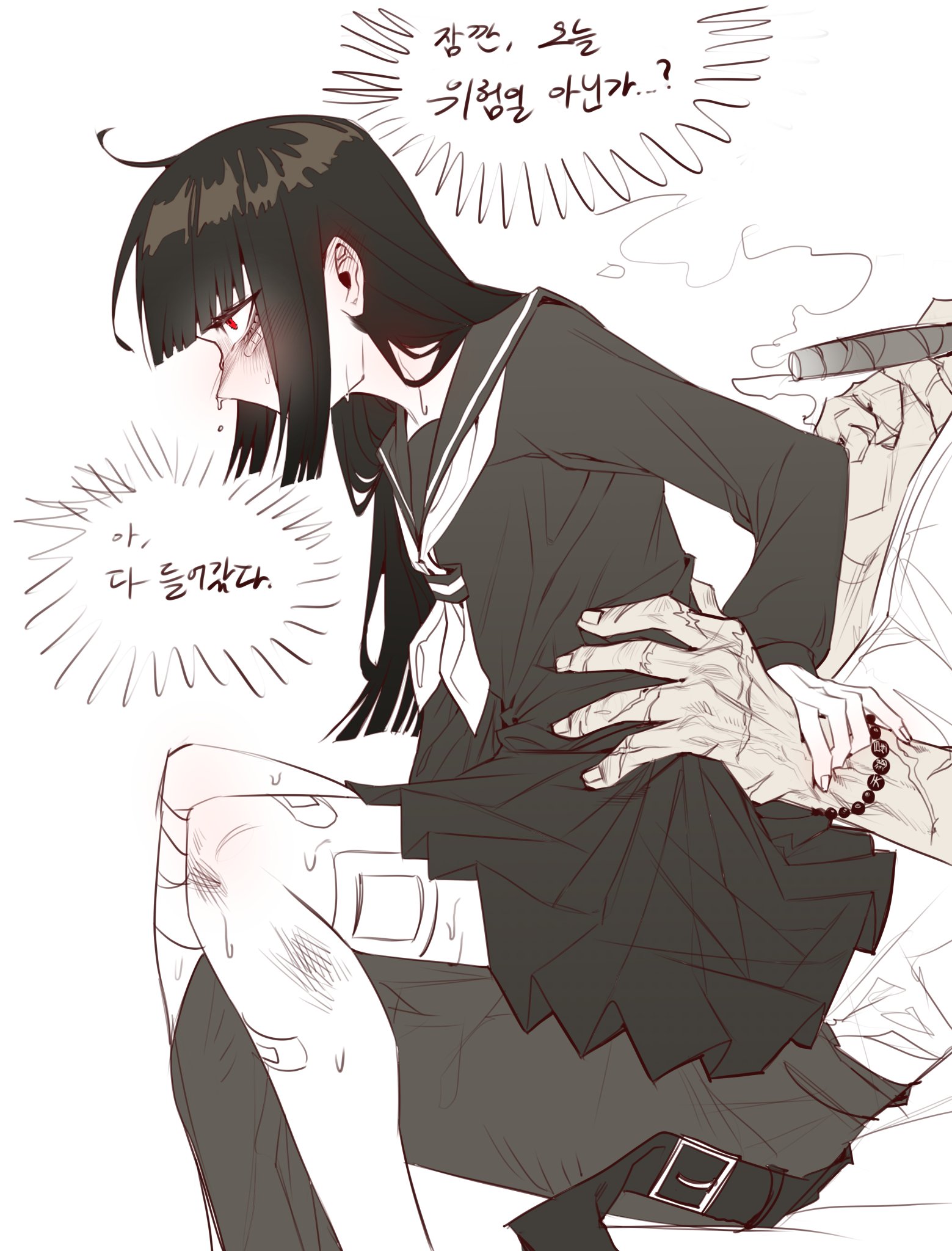 1boy1girl, 1girl1boy, bandage, bandages, black hair, bruise, cigar, cum in pussy, dark-skinned male, female, hai000 0, hetero, hips grab, hips thrust forward, korean text, lei heng (limbus company), limbus company, long hair, pregnancy risk, project moon, pussy, ryoshu (limbus company), school uniform, short skirt, sitting on lap, skirt, straight, straight sex, translation request, unprotected sex