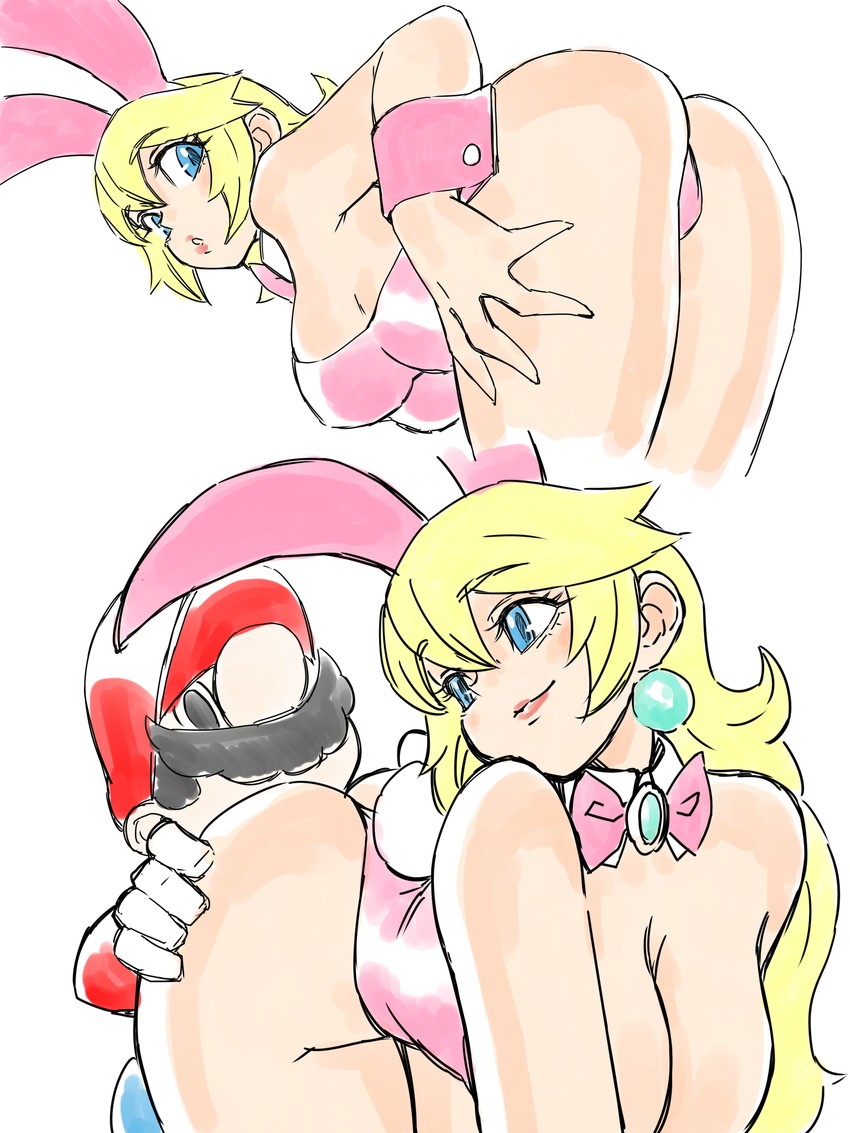 1boy, 1girls, ass, ass grab, blonde female, blonde hair, bow, bow tie, breasts, bubble ass, bubble butt, bunny ears, bunny girl, bunnysuit, cuff links, earrings, female, hat, leotard, light skin, light-skinned female, light-skinned male, long hair, looking at another, looking at partner, looking back, male, mario, mario (series), mario bros, moustache, multiple views, nintendo, princess peach, royalty, simple background, super mario bros., toshinoshin00, white background