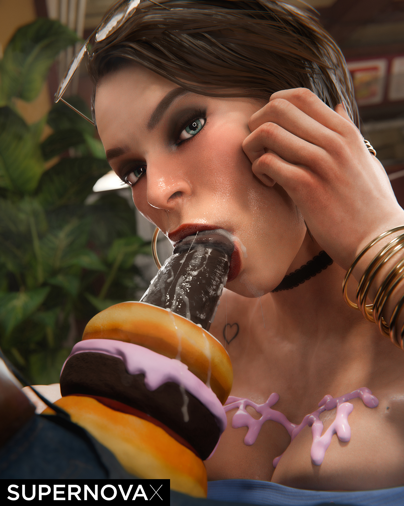 3d, biohazard, blowjob, blowjob face, blue eyes, capcom, cum, cum in mouth, dark skin, dark-skinned male, donut, earrings, female, food on body, glasses on head, hoop earrings, interracial, jill valentine, jill valentine (sasha zotova), looking at viewer, male, resident evil, resident evil 3, supernovax, woman