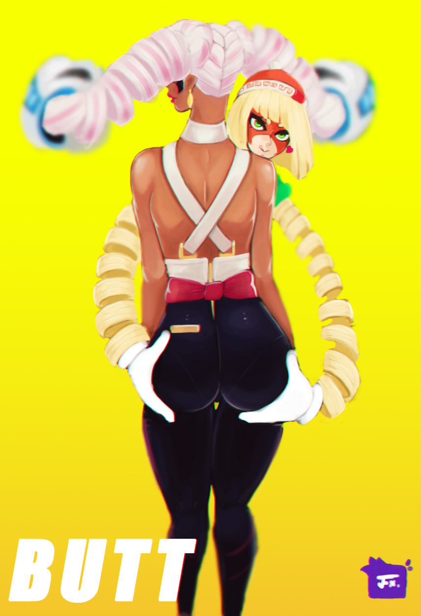 2girls, arms (game), ass, ass focus, ass grab, ass grab from front, ass worship, big ass, big butt, butt focus, dark skin, dark-skinned female, female, groping, groping ass, huge ass, jfx28, min min (arms), nintendo, straight hair, teenager, twintelle, white gloves, yellow background, yuri