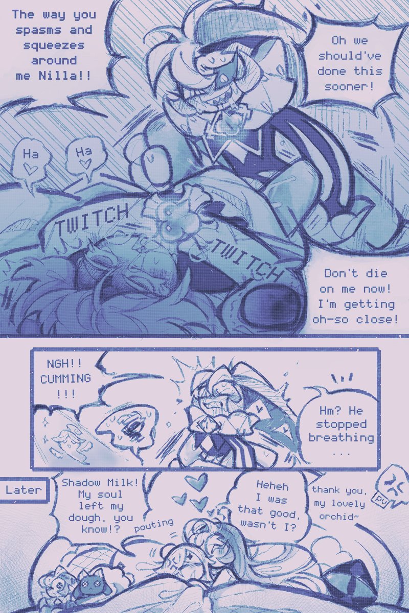 2boys, aftercare, ambiguous penetration, bite mark, comic, consensual necrophilia, cookie run, cookie run kingdom, cum, cuntboy, dead eyes, death, dialogue, funny, gay, humor, imaiwanker, intersex, male, male only, male/male, monochrome, pure vanilla cookie, pussy, ripped clothing, shadow milk cookie, snuff, temporary necrophilia, vanussy, wholesome