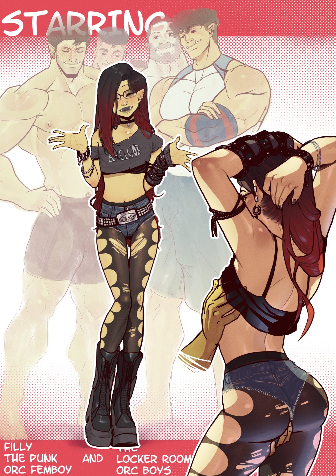 2d (artwork), 5boys, ass, black hair, black lipstick, boots, character sheet, choker, closed eyes, earrings, english text, erika's first week, fangs, femboy, filly (orcbarbies), girly, glasses, goth, green skin, hi res, jean shorts, long hair, male, male only, muscular, muscular male, nose piercing, orc, orc femboy, orc male, orcbarbies, pantyhose, pointy ears, red hair, short shorts, shorts, smiling, smiling at viewer, text, two-tone hair
