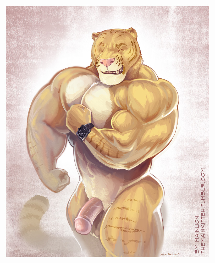 2014 abs anthro balls closed_eyes feline flaccid flexing grin hybrid hyper hyper_muscles liger lion mainlion male male_only mammal markings muscular muscular_male pecs penis pubes simple_background smile solo thick_thighs tiger watch