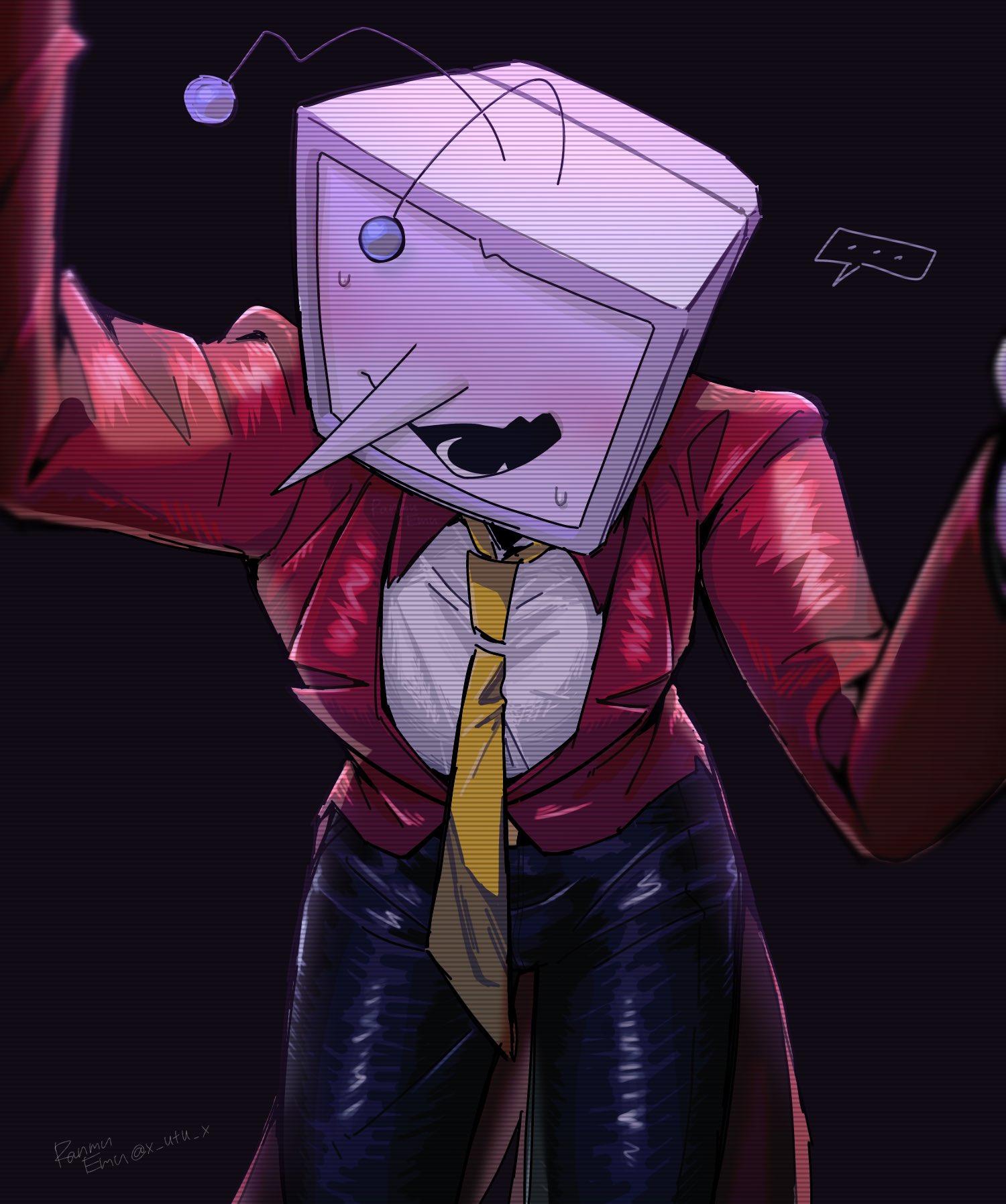 1boy, 2025, antennae, blush, clothed, clothed male, clothes, clothing, color, colored, deltarune, deltarune chapter 3, digital drawing (artwork), digital media (artwork), hi res, high resolution, highres, male, male focus, male only, pointy nose, robot, robot humanoid, signature, solo, solo male, suit, suit and tie, tenna (deltarune), tie, tv, tv head