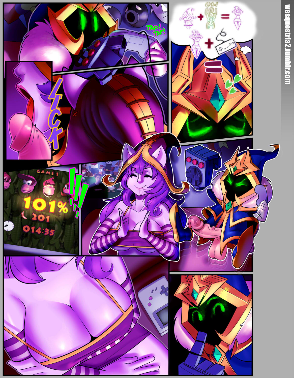 breasts cleavage comic crop_top donkey_kong erect_nipples erection fellatio female game game_boy gloves happy hat heart joystick large_breasts league_of_legends lips lulu_the_fae_sorceress naughty_face oral penis purple_hair purple_skin riot_games saliva sex smile testicles thought_bubble tongue underboob veigar yordle