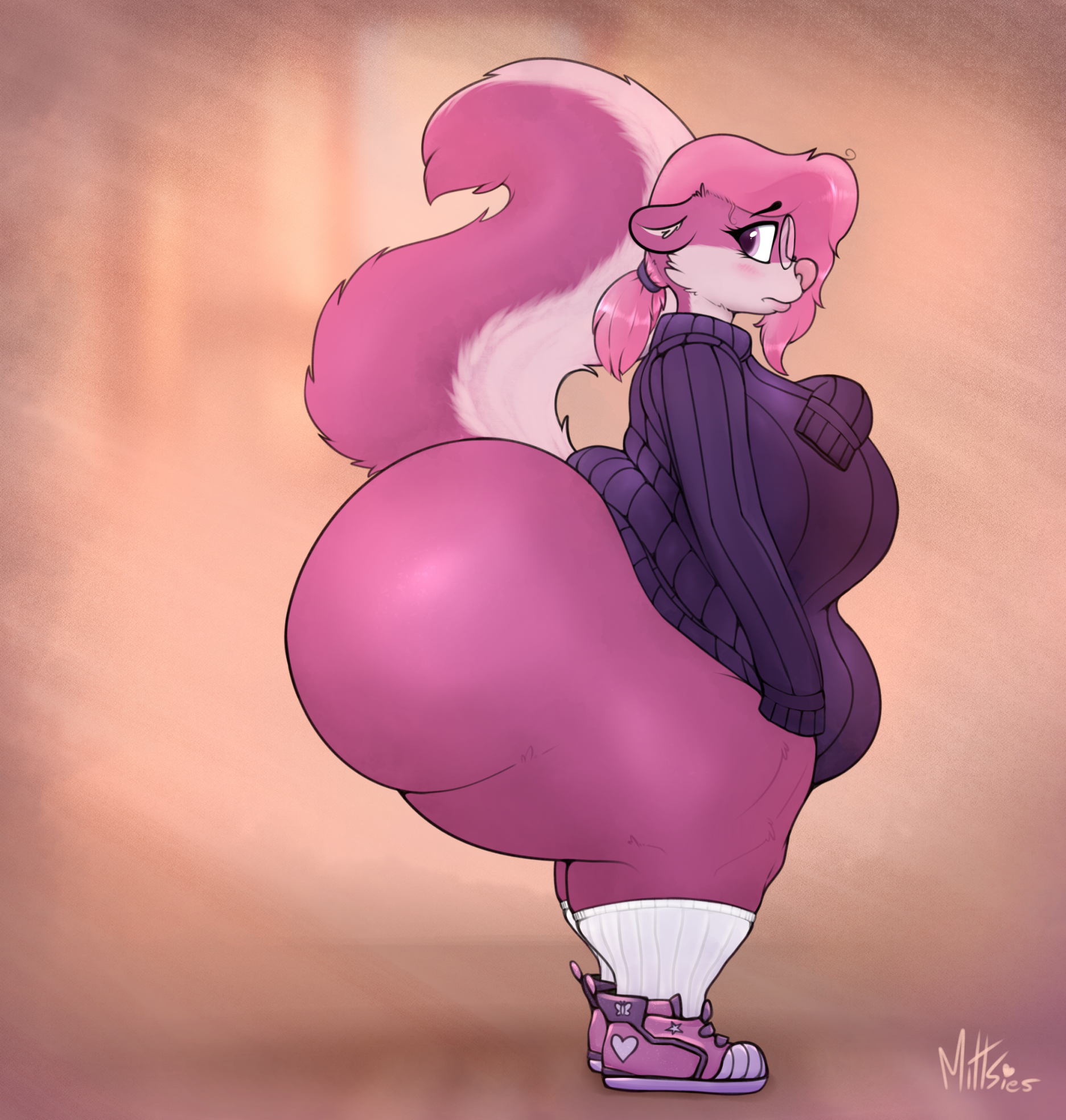 1girls, 2023, 2d, 2d (artwork), 2d artwork, adorable, anthro, anthro female, anthro only, ass, bbw, big ass, big butt, blush, bottom heavy, bottom heavy anthro, bottom heavy female, bottomless, bubble ass, bubble butt, chubby, chubby female, clara (tobyart), curvaceous, curvy, cute, fat, fat ass, fat female, female, fluffy tail, furry, furry female, furry only, gigantic ass, glasses, looking at viewer, mammal, mittsies, mustelid, nerd, nerdy female, obese, obese female, oc, original character, overweight, overweight female, pink eyes, pink fur, pink hair, raised tail, shoes, shy, skunk, skunk girl, skunk tail, socks, ssbbw, sweater, tail, tennis shoes, thick thighs, thighs, voluptuous