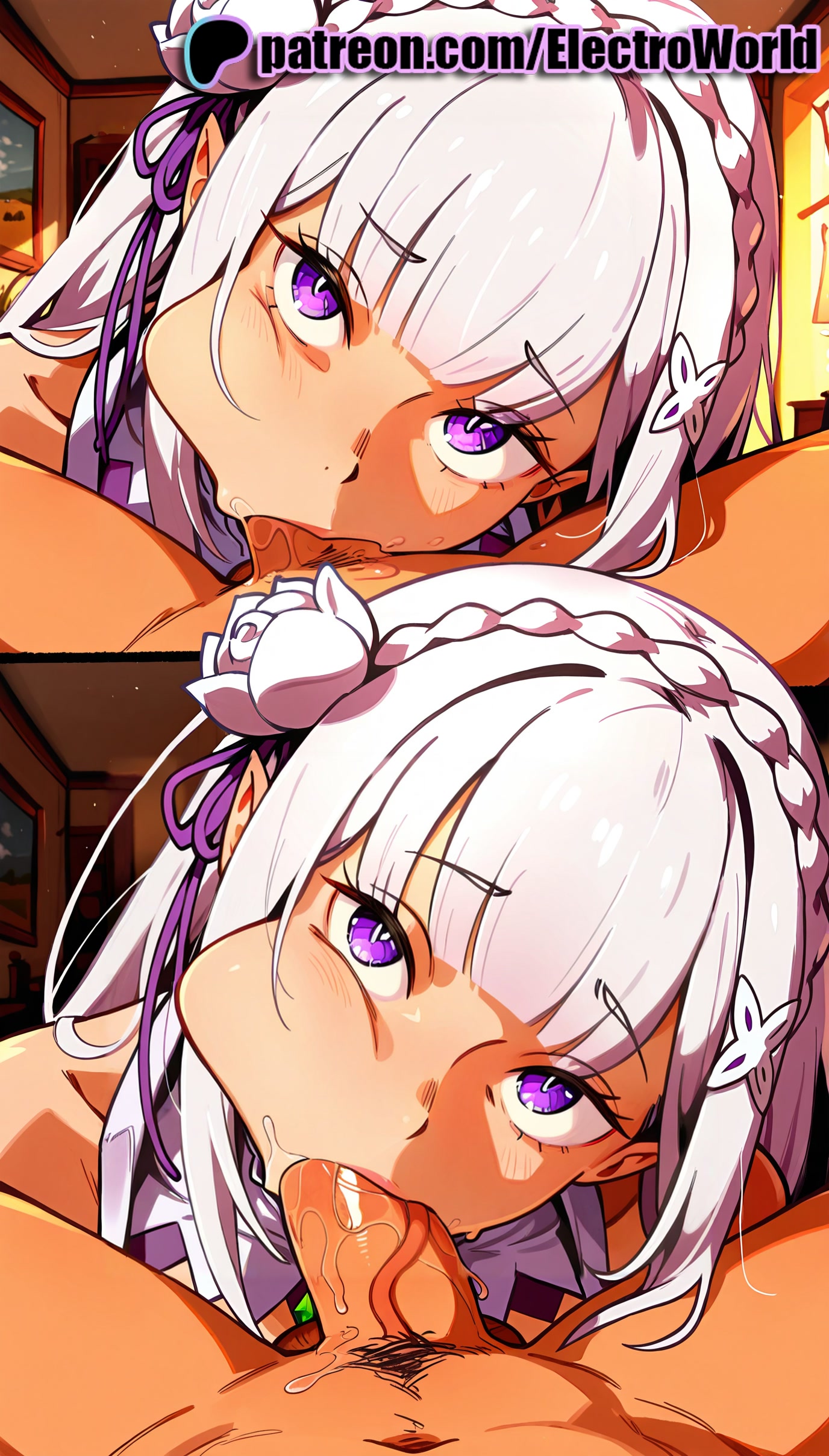 :>=, 1boy, 1girls, 2025, 3girls, ai generated, artist name, balls, bangs, blowjob, blowjob face, blunt bangs, blush, braid, cock, crown braid, cum, cum in mouth, dark skin, dick, electroworld, elf, emilia (re:zero), eyebrows visible through hair, fellatio, female, group sex, hair ornament, hair ribbon, hi res, high quality, high resolution, highres, licking, long hair, looking at viewer, male, male pubic hair, multiple fellatio, multiple females, multiple girls, oral, oral sex, patreon, patreon username, penis, pointy ears, pov, purple eyes, purple ribbon, re:zero kara hajimeru isekai seikatsu, ribbon, silver hair, stable diffusion, straight, sucking, watermark