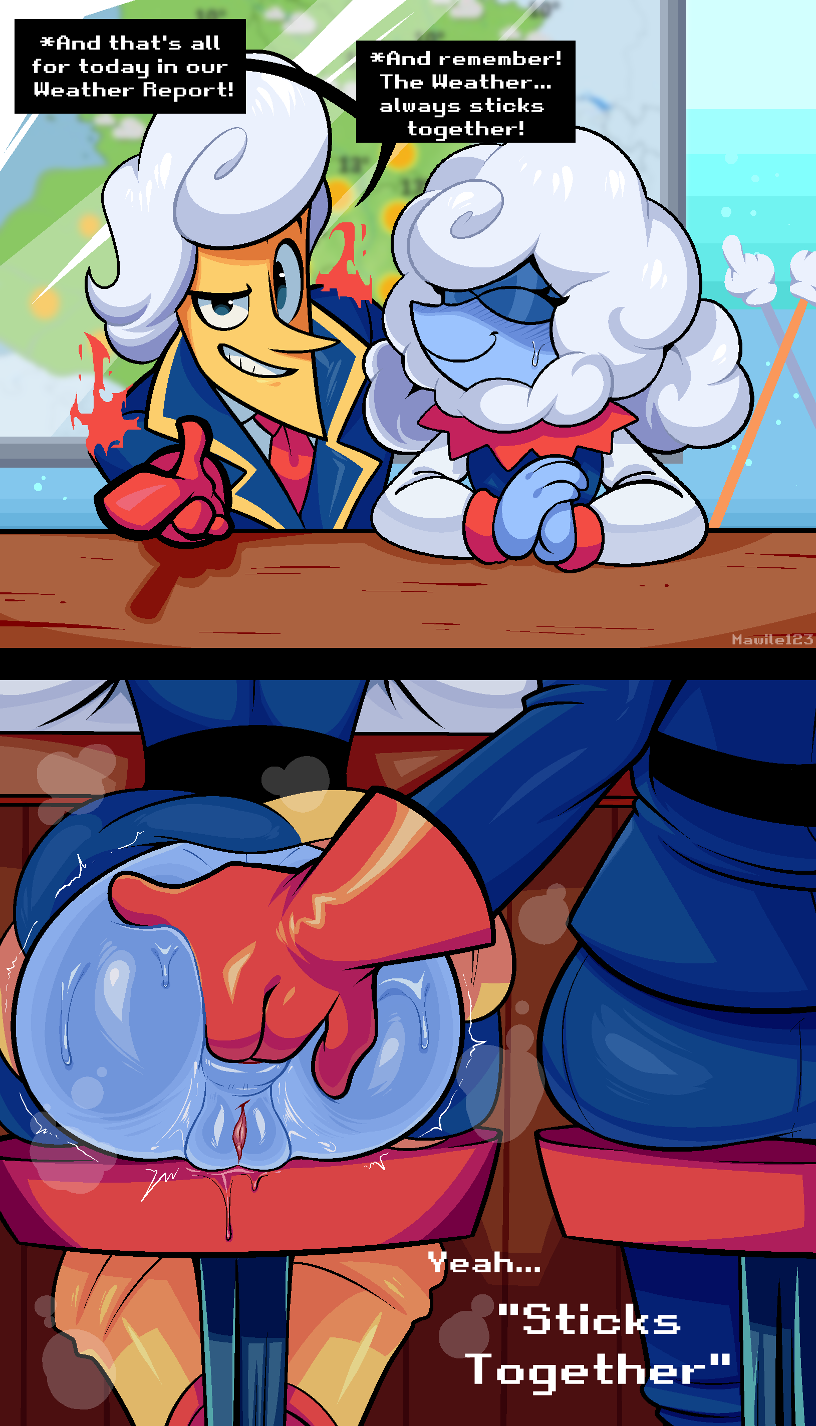 1boy, 1girls, 2025, anal, anal fingering, anal insertion, anal juice, artist name, ass, blue skin, blush, deltarune, deltarune chapter 3, duo, elnina (deltarune), female, gloves, highres, lanino (deltarune), male, mawile123, no panties, orange skin, pussy, stealth fingering, sweat, text, text box, vagina, white hair