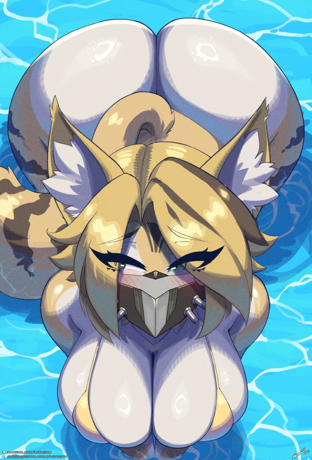 all fours, anthro, ass, big ass, big breasts, bikini top, blonde hair, breasts, felid, feline, female, fur, green eyes, lyorenth-the-dragon, mask, masked, masked female, mihoyo, on all fours, pulchra fellini, tail, thiren, yellow fur, zenless zone zero