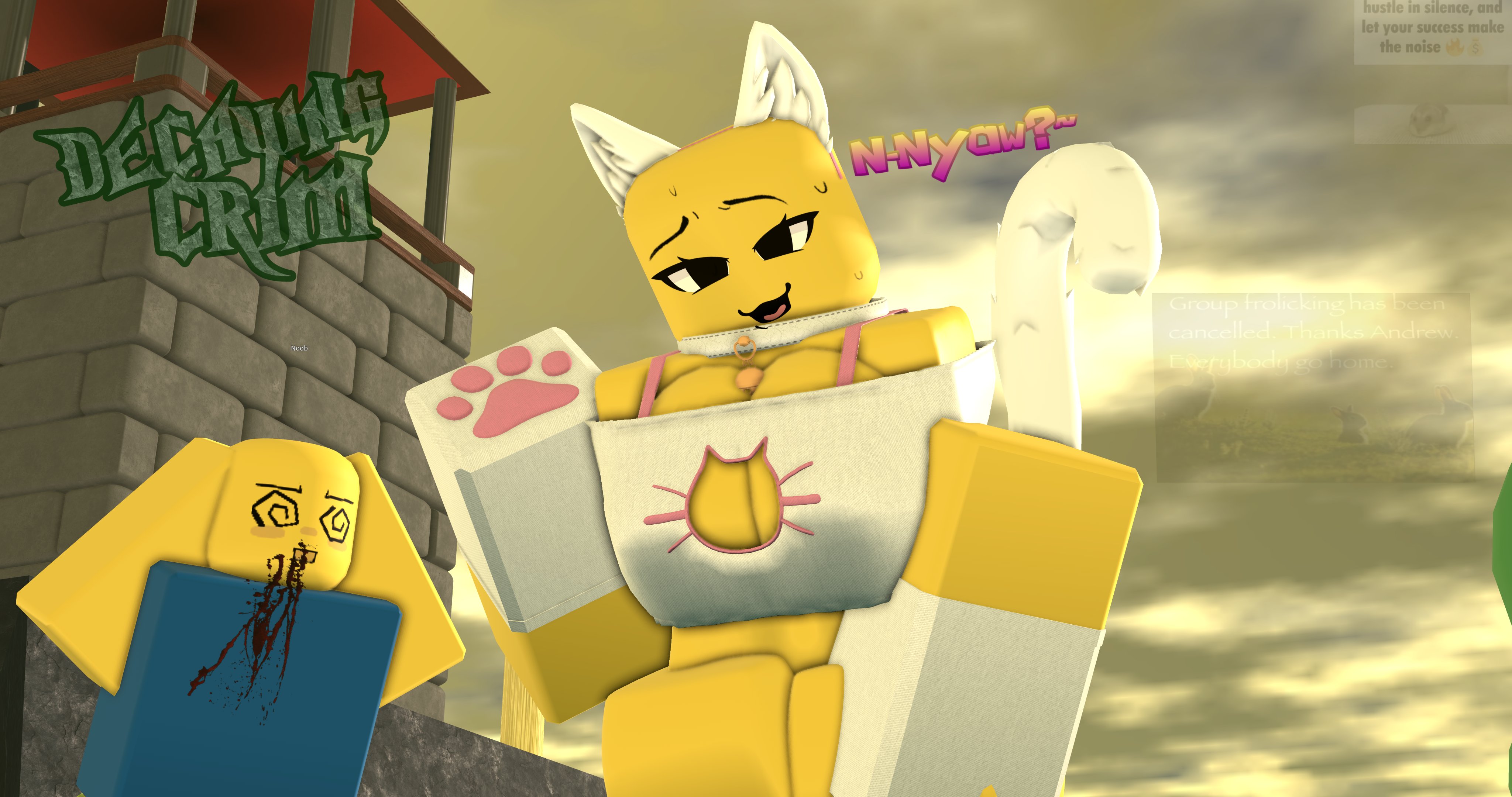 @ @, 1boy, 1girls, 3d, artist name, bald, bald female, breasts, cat ears, cat girl, cat keyhole bra, cat lingerie, cat tail, catgirl, cleavage, cleavage cutout, crimstuff, female, female focus, male, meme in the background, neko, noob, nosebleed, outdoors, roblox, robloxian, tagme, watermark, yellow skin