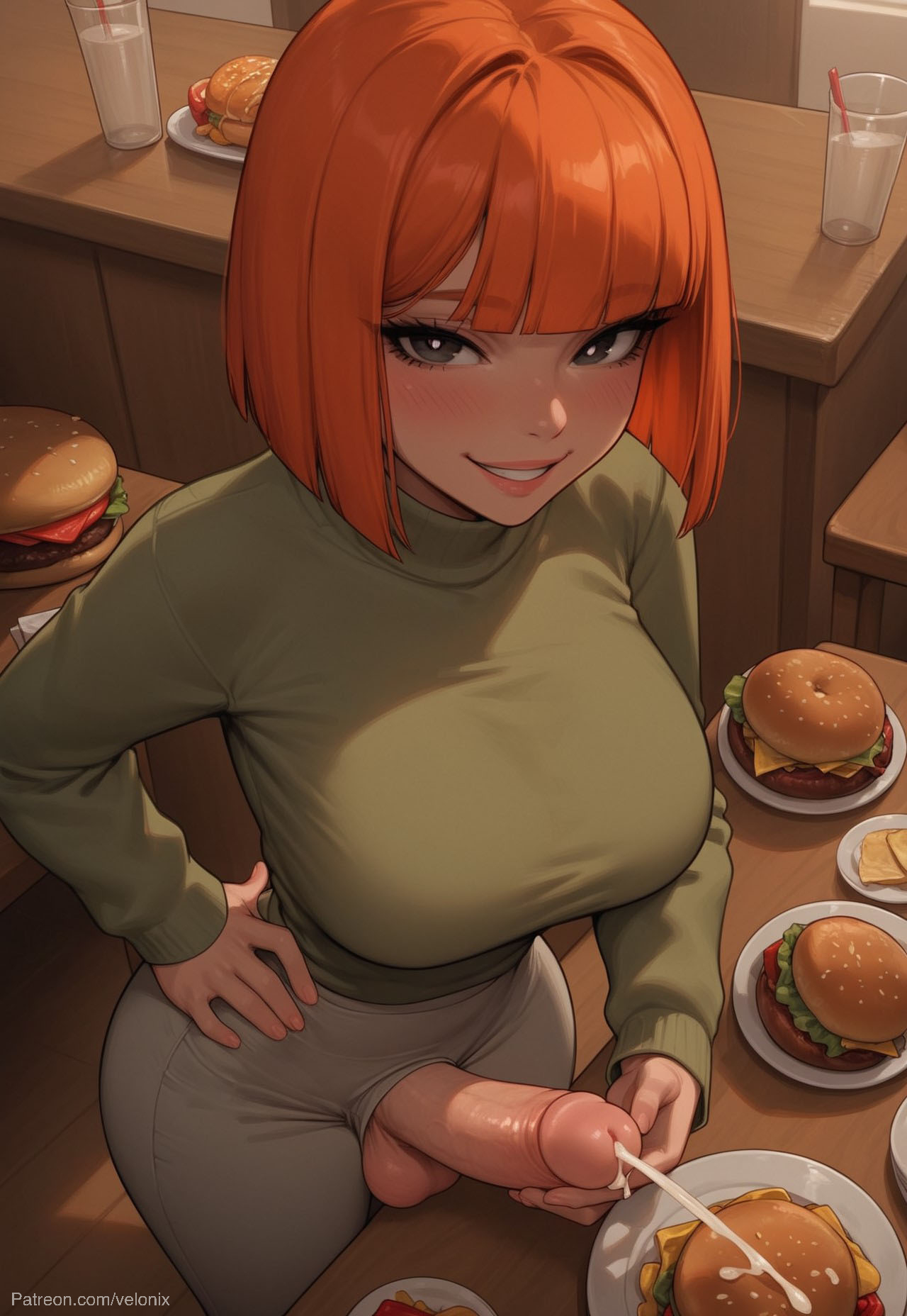 1futa, ai generated, ass, balls, big ass, big breasts, big butt, big hips, big penis, black eyes, blush, bob cut, breasts, cleavage, cum, cum leaking, cum on food, cumming, dick, dickgirl, eyebrows, eyelashes, from above, futa only, futanari, green eyes, green shirt, grey pants, grin, grinning, grinning at viewer, hair, hands-free, huge cock, implied cumsumption, indoors, intersex, large breasted futa, large breasts, lips, long hair, looking at viewer, makeup, masturbating, masturbation, mcdonald's, mom (japanese mcdonald's commercial), narrow waist, narrowed eyes, nose, orange hair, pants, penis, realistic breast size, red hair, red-haired futa, redhead, redheaded futa, seducing, seductive, seductive eyes, seductive gaze, seductive look, seductive mouth, seductive pose, seductive smile, shirt, short hair, side view, smile, smile at viewer, smiley face, smooth balls, smooth penis, smooth skin, solo, solo dickgirl, solo focus, solo futa, testicles, velonix, yoru mac