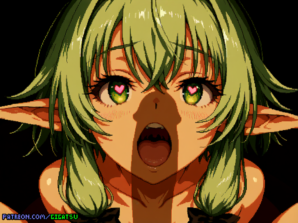 ai generated, elf, elf ears, elf female, female, gigatsu, goblin slayer, green hair, heart eyes, high elf archer (goblin slayer), looking at viewer, looking up, male, open mouth, penis, penis shadow, pixel art, tongue