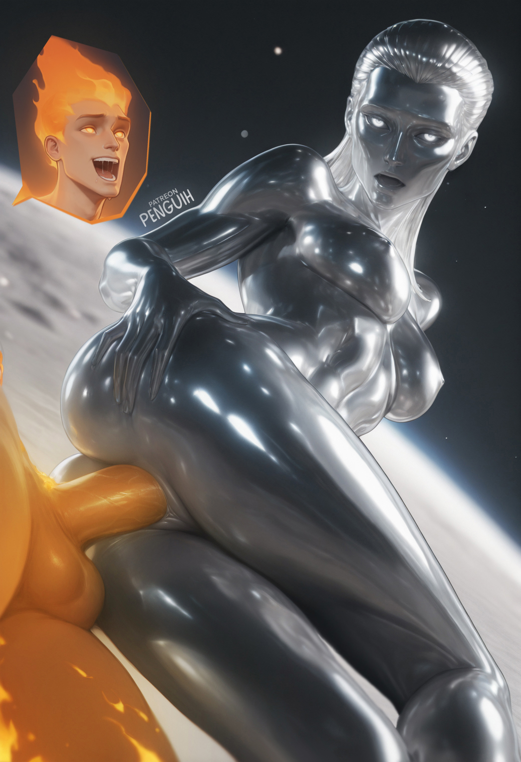 1boy, 1girls, ai generated, alien, alien girl, alien humanoid, ass, ass grab, breasts, bust, busty, curvy, curvy figure, doggy style, fantastic four, fantastic four: first steps, female, fire, flaming eye, flaming hair, fucked from behind, glowing, hips, hourglass figure, huge ass, huge breasts, huge thighs, human torch, humanoid, innie pussy, johnny storm, legs, looking back, lying, male, marvel, marvel cinematic universe, marvel comics, mature, mature female, medium breasts, missionary position, moaning, narrow waist, nipples, patreon username, penetration, penguih, pussy, reflective body, sex, shalla-bal, silver body, silver eyes, silver skin, silver surfer, silver surfer (shalla-bal), silver-skinned female, slim waist, solo, solo female, space, thick thighs, thighs, vagina, vaginal penetration, vaginal sex