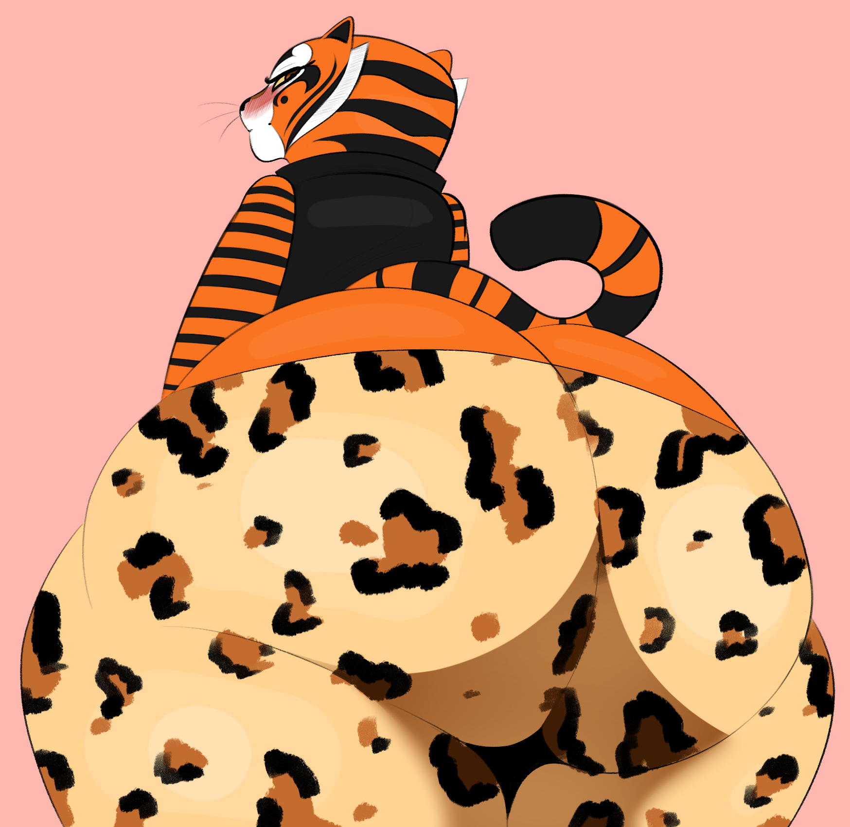 2d (artwork), anthro, ass, big butt, blush, blush lines, bottomwear, bubble butt, butt cleavage, clothing, dreamworks, felid, female, fur, hi res, huge butt, kung fu panda, long tail, mammal, markings, master tigress, multicolored body, multicolored fur, orange body, orange fur, ota (artist), pantherine, pants, rear view, shirt, solo, striped markings, striped tail, stripes, tail, tail markings, thick thighs, tiger, topwear, white body, white fur