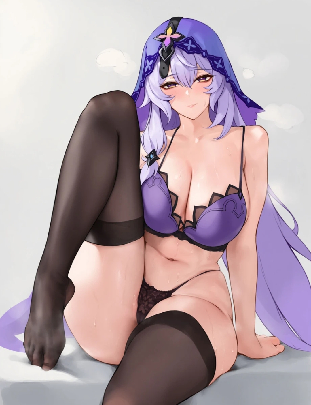 1girls, big breasts, big thighs, black swan (honkai: star rail), bra, breasts, feet, female, hasmk2, honkai (series), honkai: star rail, large breasts, large thighs, light purple hair, light skin, light-skinned female, stockings, tagme, thighhighs