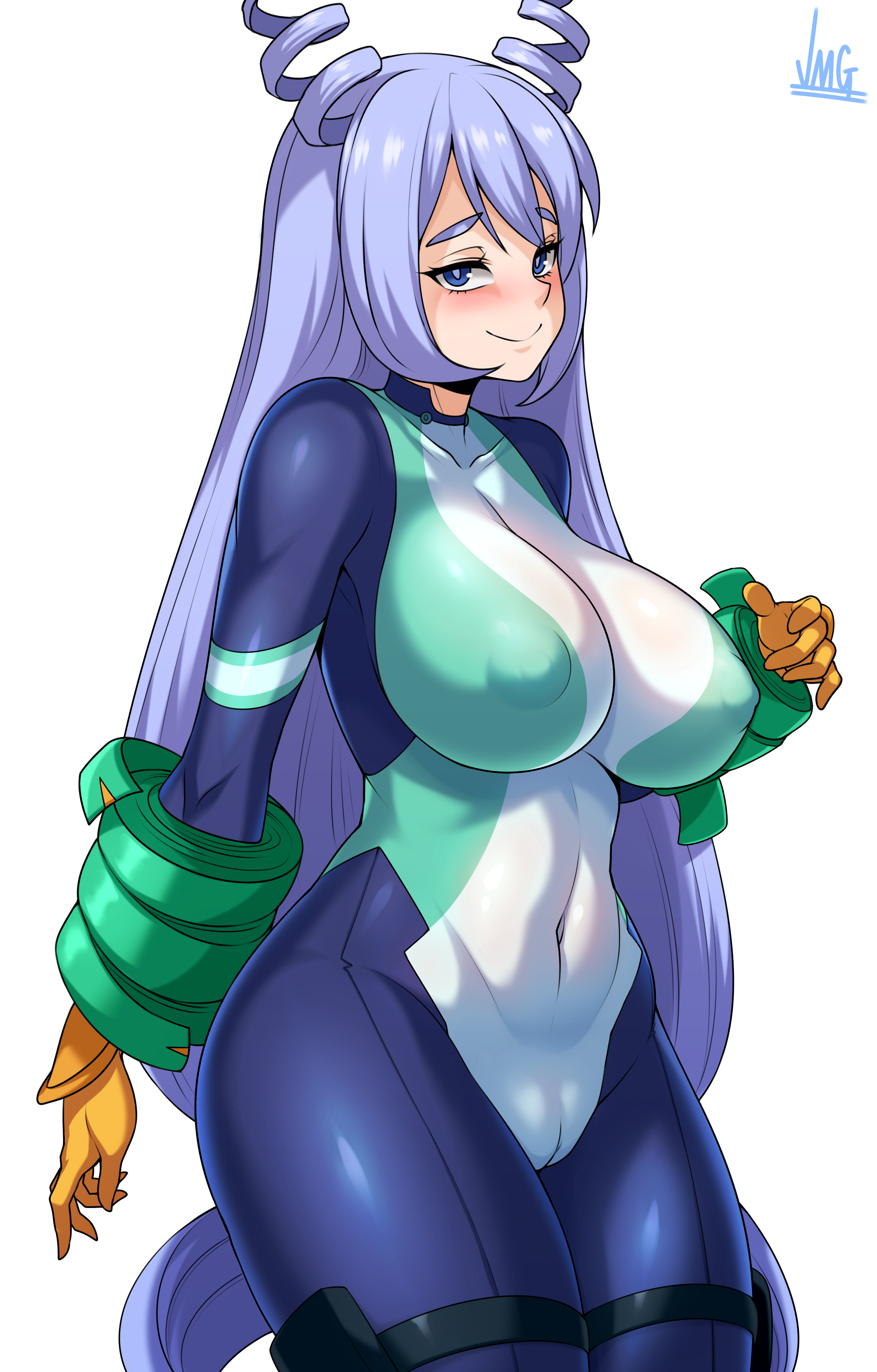 1girls, 2022, big breasts, big thighs, blue hair, blue-haired female, bodysuit, breasts, female, hourglass figure, jmg, large breasts, latex suit, light blue hair, light skin, light-skinned female, my hero academia, nejire hado, nejire hado (hero outfit), nipples, slim waist, smiling, smiling at viewer, standing, superheroine, thick thighs, wide hips, yellow gloves