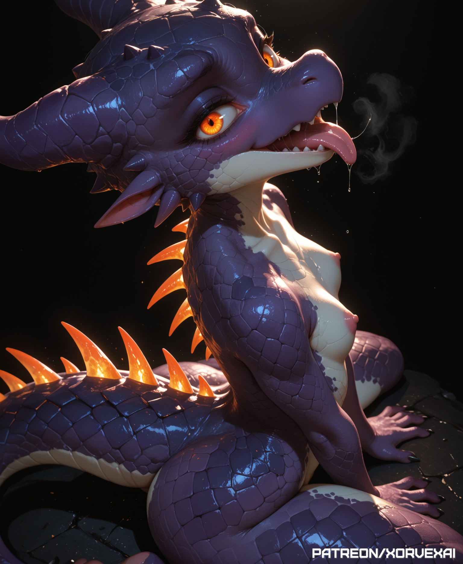 1girls, absurd res, ai generated, anthro, black background, breasts, female, from above, from side, furry, glowing spines, heavy breathing, hi res, highres, kneeling, kobold, looking at viewer, nude, orange eyes, purple scales, scales, scalie, simple background, small breasts, steam, tagme, thick thighs, tongue, tongue out, xorvexai