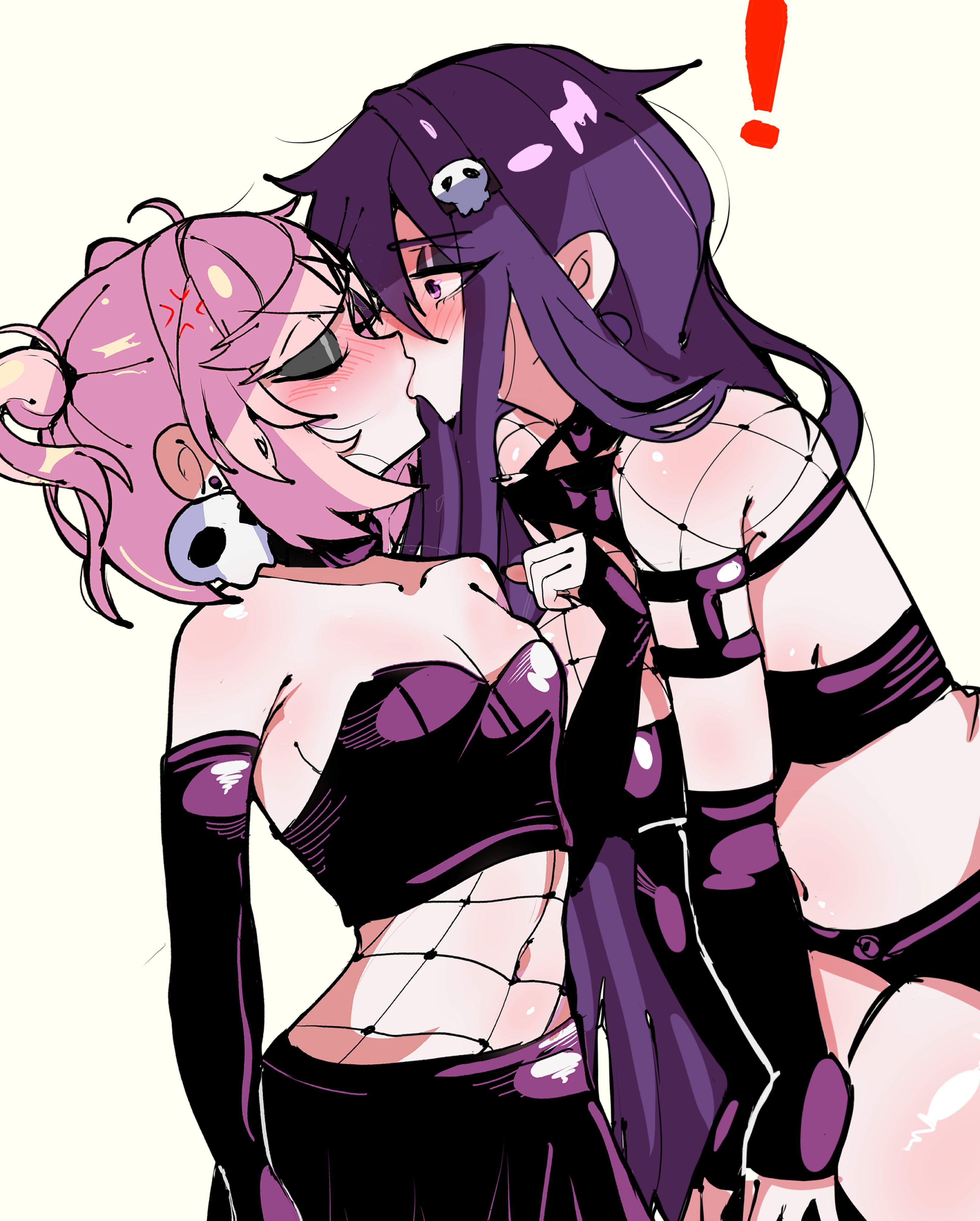 !, 2girls, black eyeshadow, blush, doki doki literature club, eclipxare, female, female only, fishnets, goth, goth girl, kissing, lesbian, light skin, light-skinned female, multiple girls, natsuki (doki doki literature club), pink hair, purple hair, size difference, surprised, yuri, yuri (doki doki literature club)