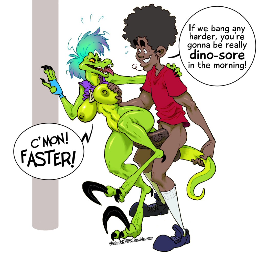 anthro areola balls big_breasts breasts dialogue dinosaur duo english_text erect_nipples erection female human male male_human/female_anthro mammal nipples penetration penis sex straight text vaskurknsfw